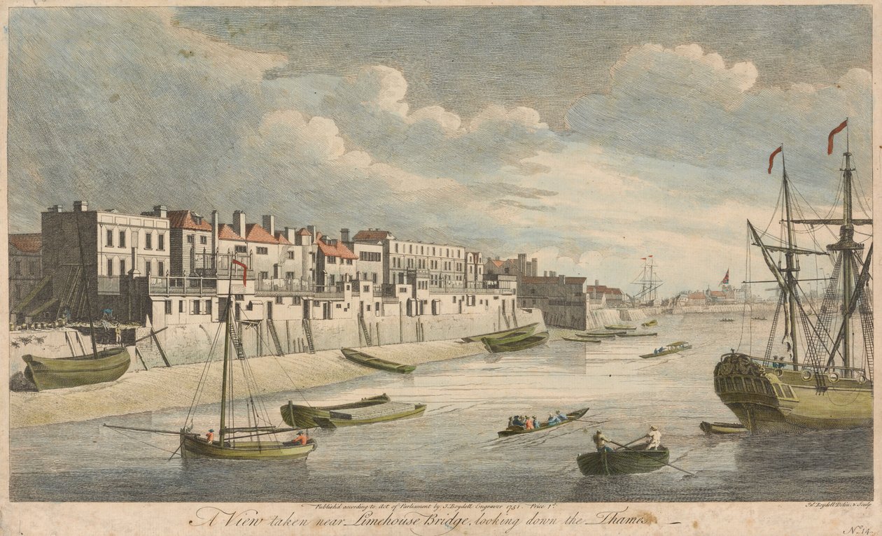 Gezicht nabij Limehouse Bridge, stroomafwaarts kijkend over de Theems door John Boydell