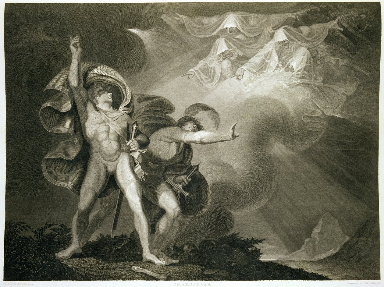 Macbeth, Banquo en de drie heksen op de heide in Act I, Scene III van Macbeth door William Shakespeare (1564-1616) gepubliceerd 1805 door John Boydell