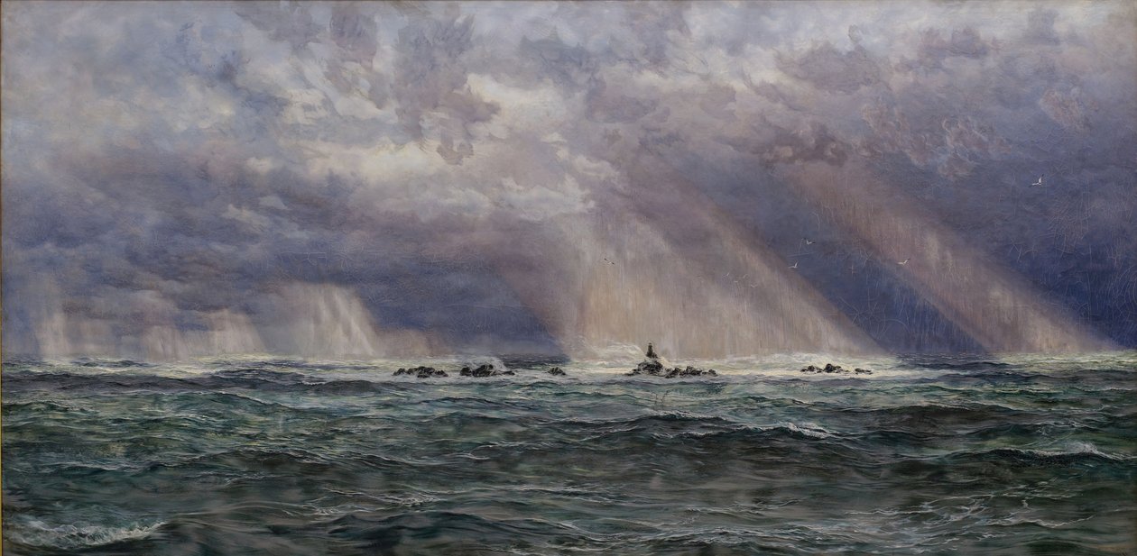 Een Noordwestelijke Storm bij de Longships Vuurtoren, 1873 door John Brett