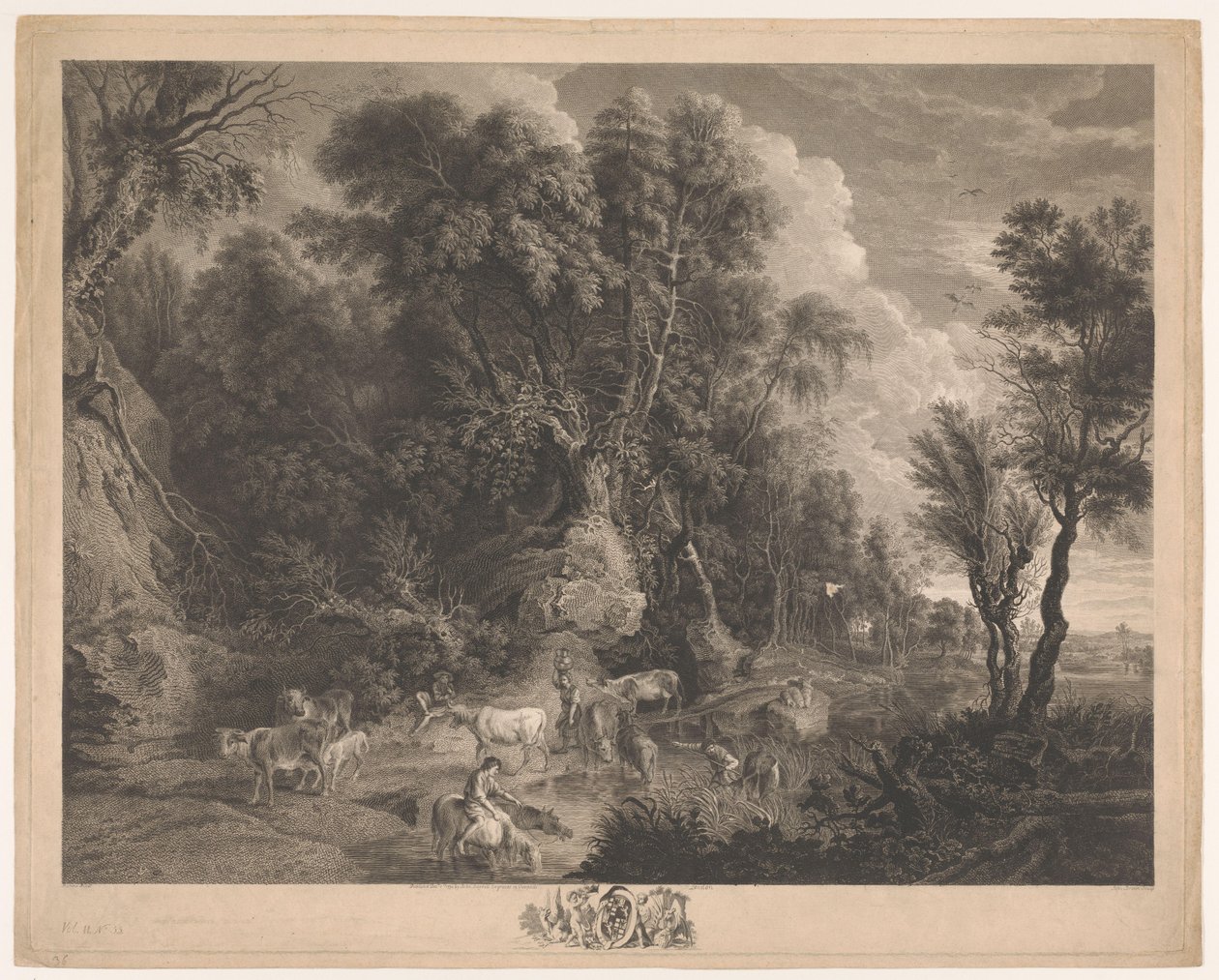 Landschap met herders en kudde bij een drinkplaats door John Browne