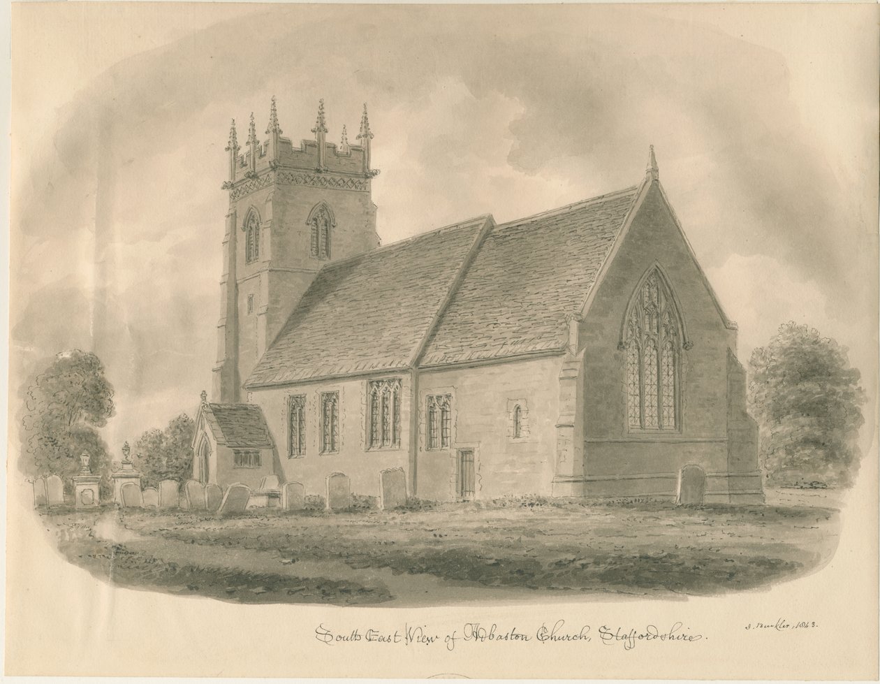 Adbaston Kerk: sepia tekening, 1843 door John Buckler