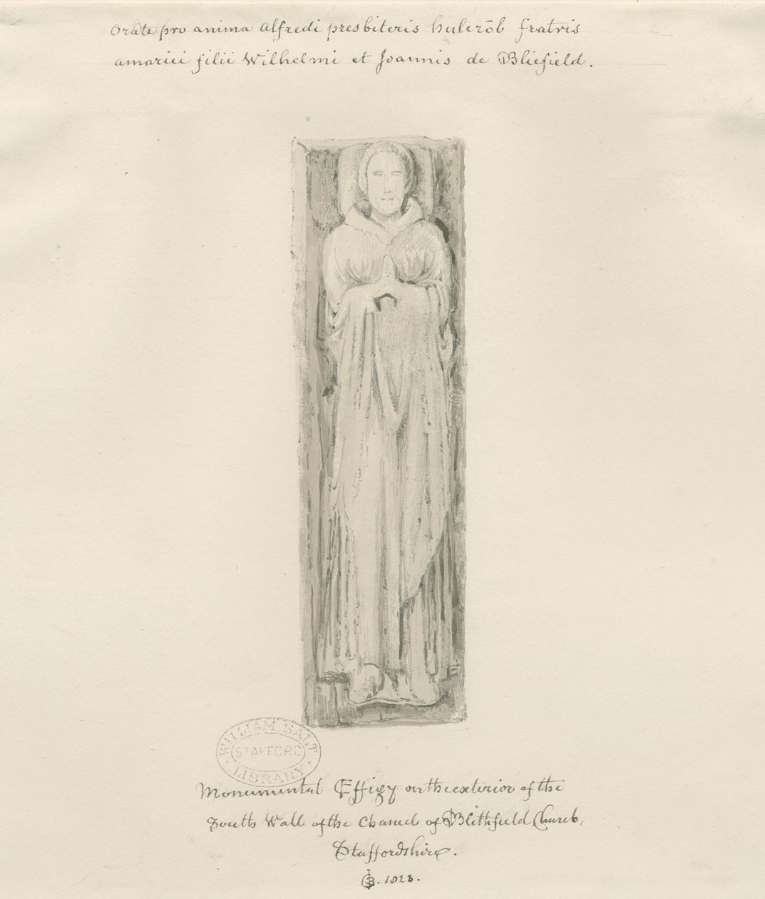 Blithfield Kerk - monumentale beeltenis: getinte tekening, 1823 door John Buckler
