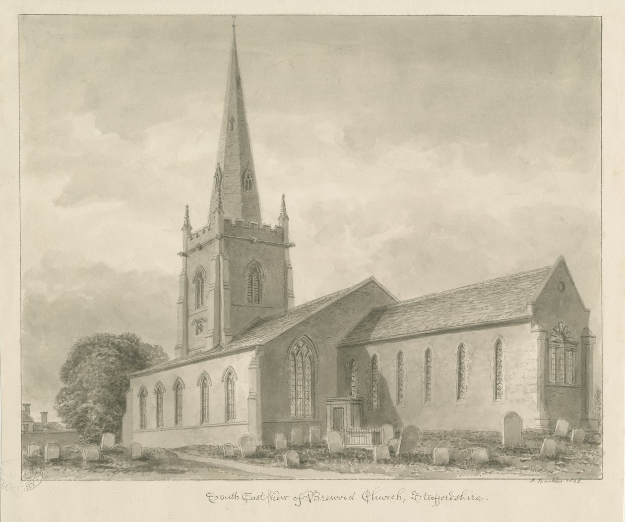Brewood Kerk: sepia tekening door John Buckler