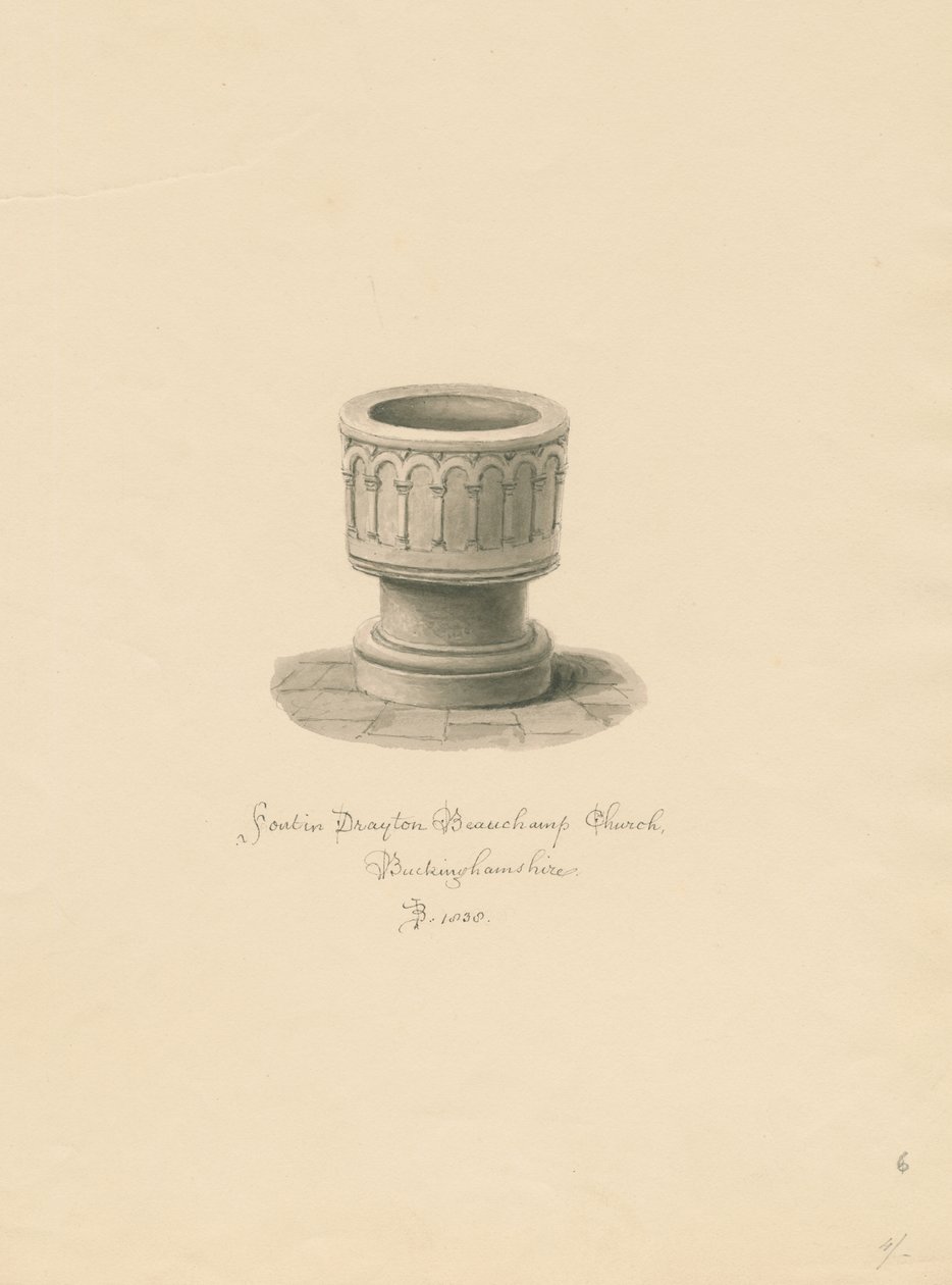 Buckinghamshire - Drayton Beauchamp Kerk: sepia tekening, 1838 door John Buckler