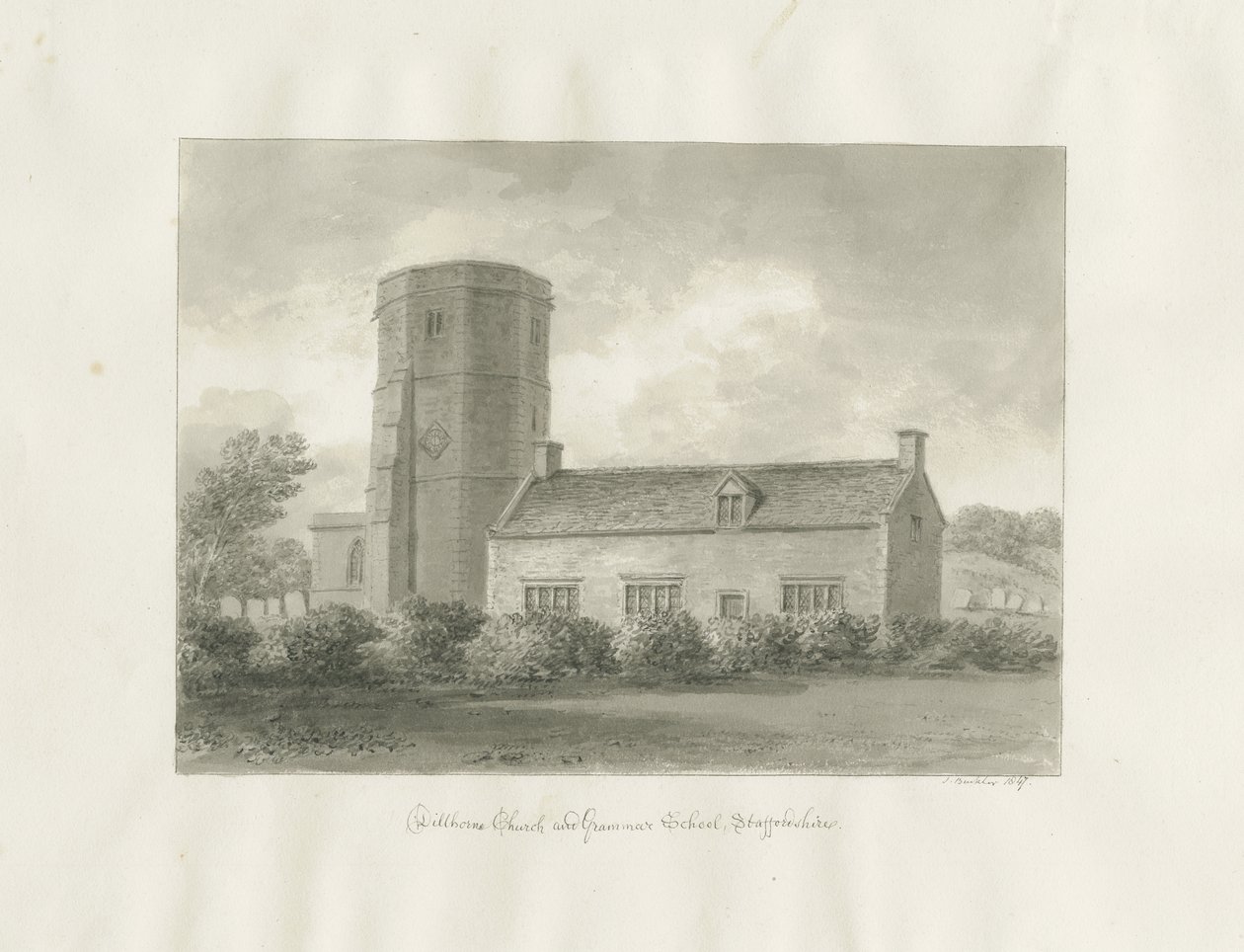 Dilhorne - Kerk en Grammar School door John Buckler