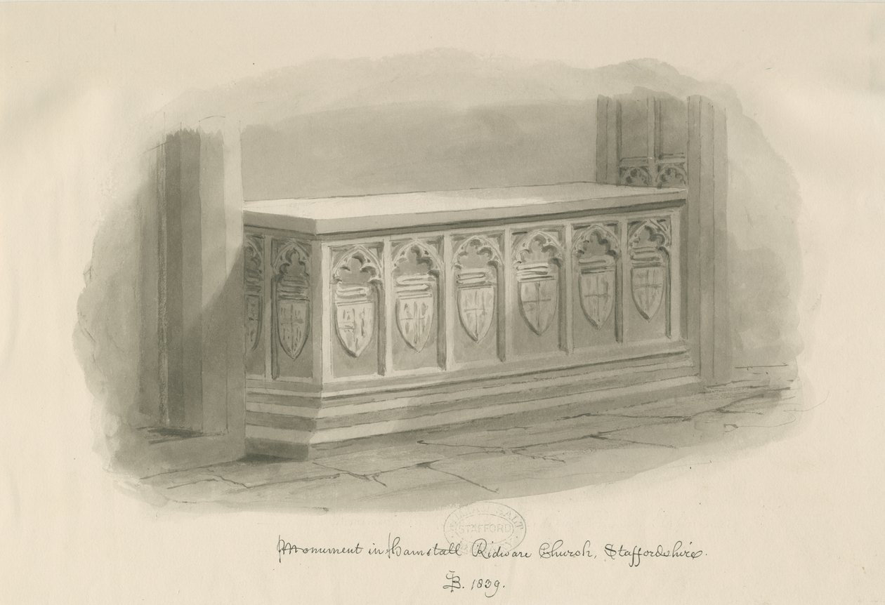 Hamstall Ridware Church - Monument: sepia wash tekening, 1839 door John Buckler