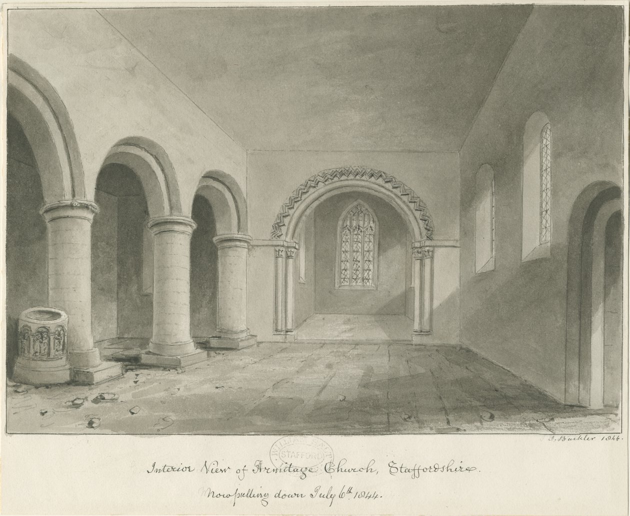 Interieur van Armitage Kerk: sepia tekening, 6 jul 1844 door John Buckler