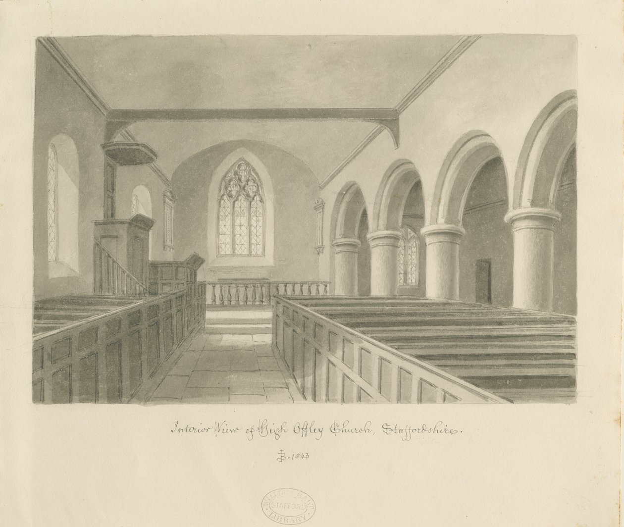 Interieur van High Offley Kerk door John Buckler