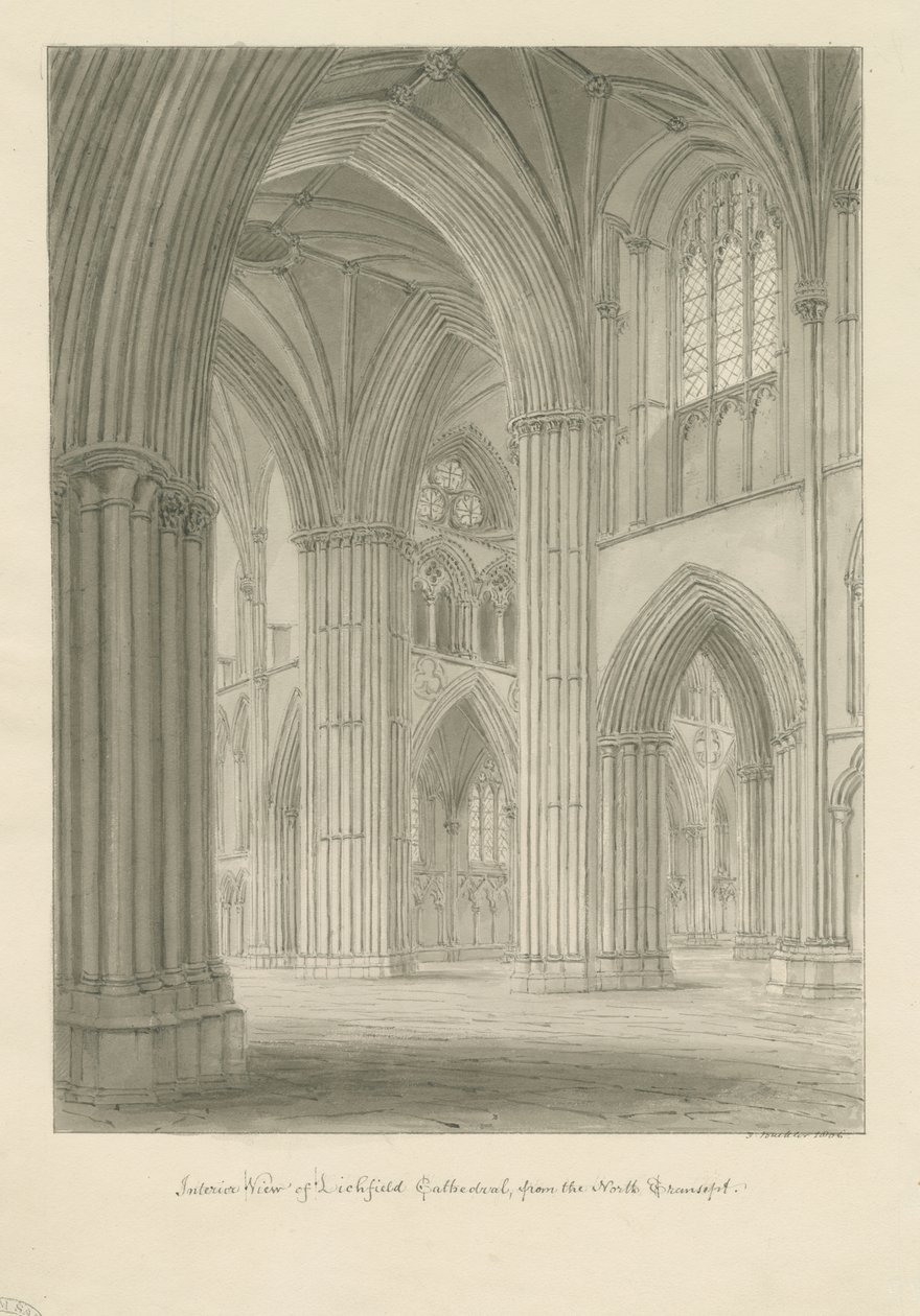 Interieur van Lichfield Kathedraal - Kruising vanuit het Noord Transept door John Buckler