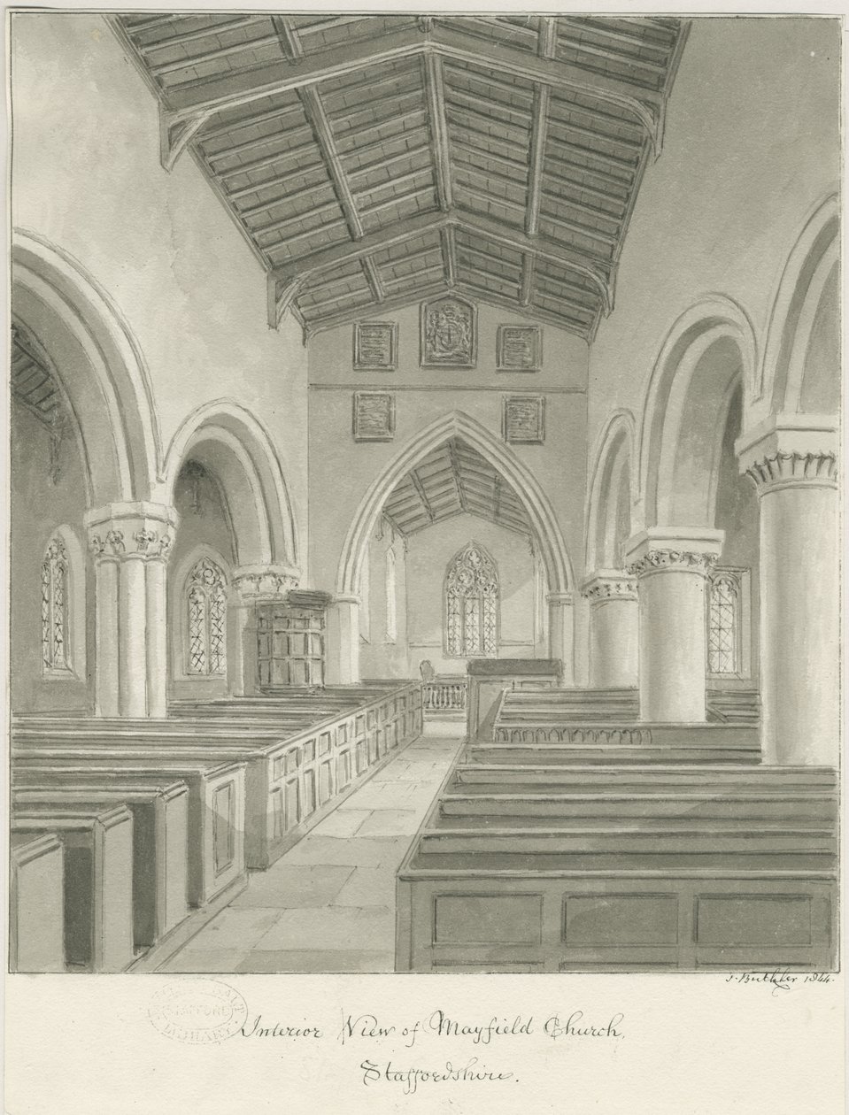 Interieur van de Mayfield-kerk door John Buckler