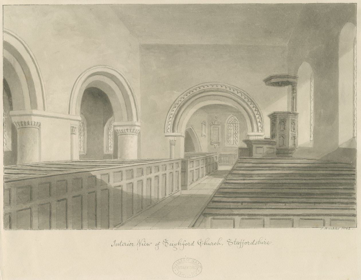 Interieur van Seighford Kerk door John Buckler