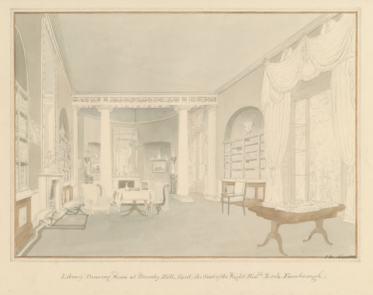 Kent - Bromley Hill - Interieur van Bibliotheek Teken Kamer door John Buckler