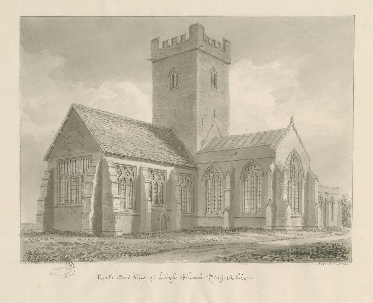 Leigh Church: sepia tekening door John Buckler
