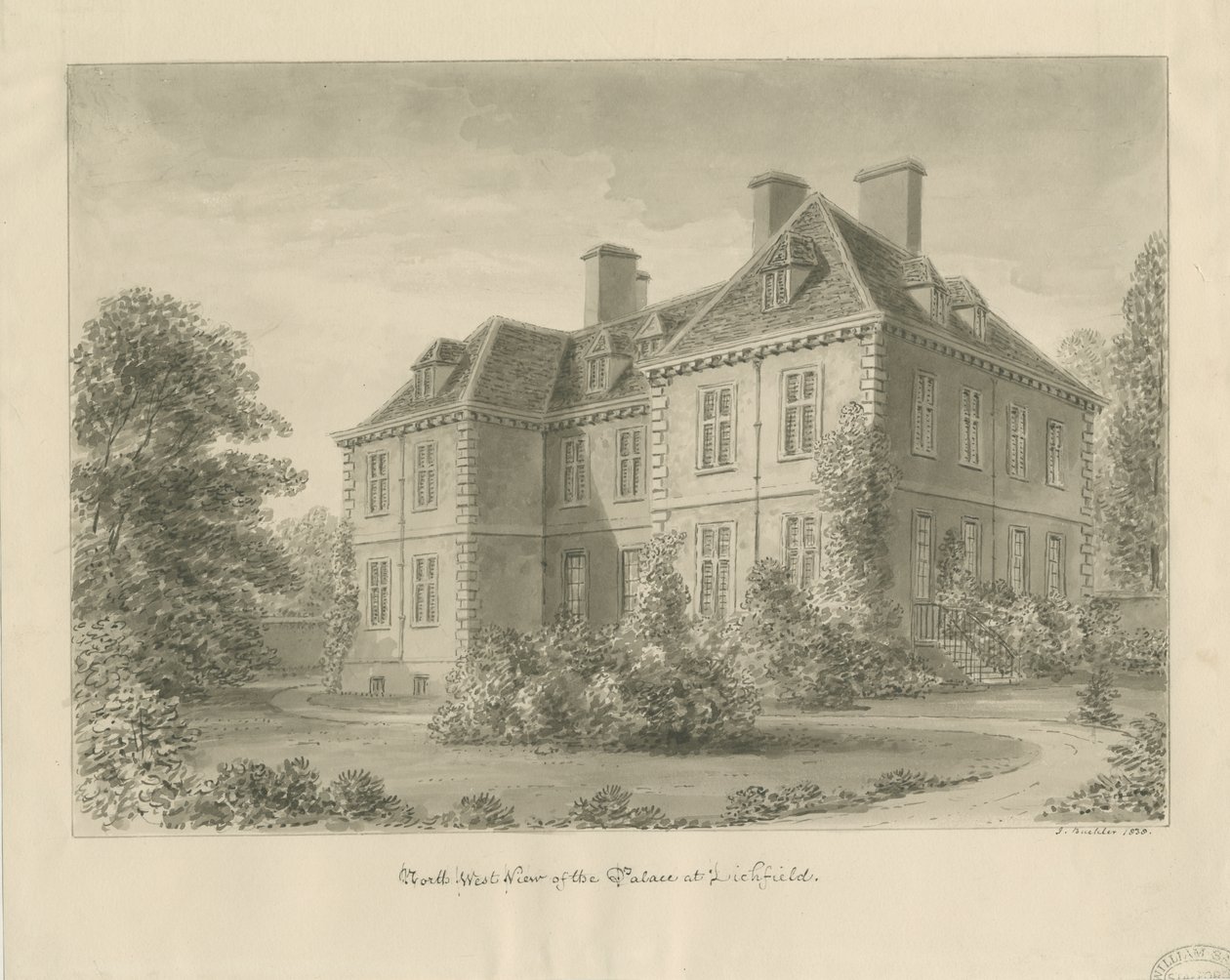 Lichfield - Bisschoppelijk Paleis in The Close: sepia tekening door John Buckler