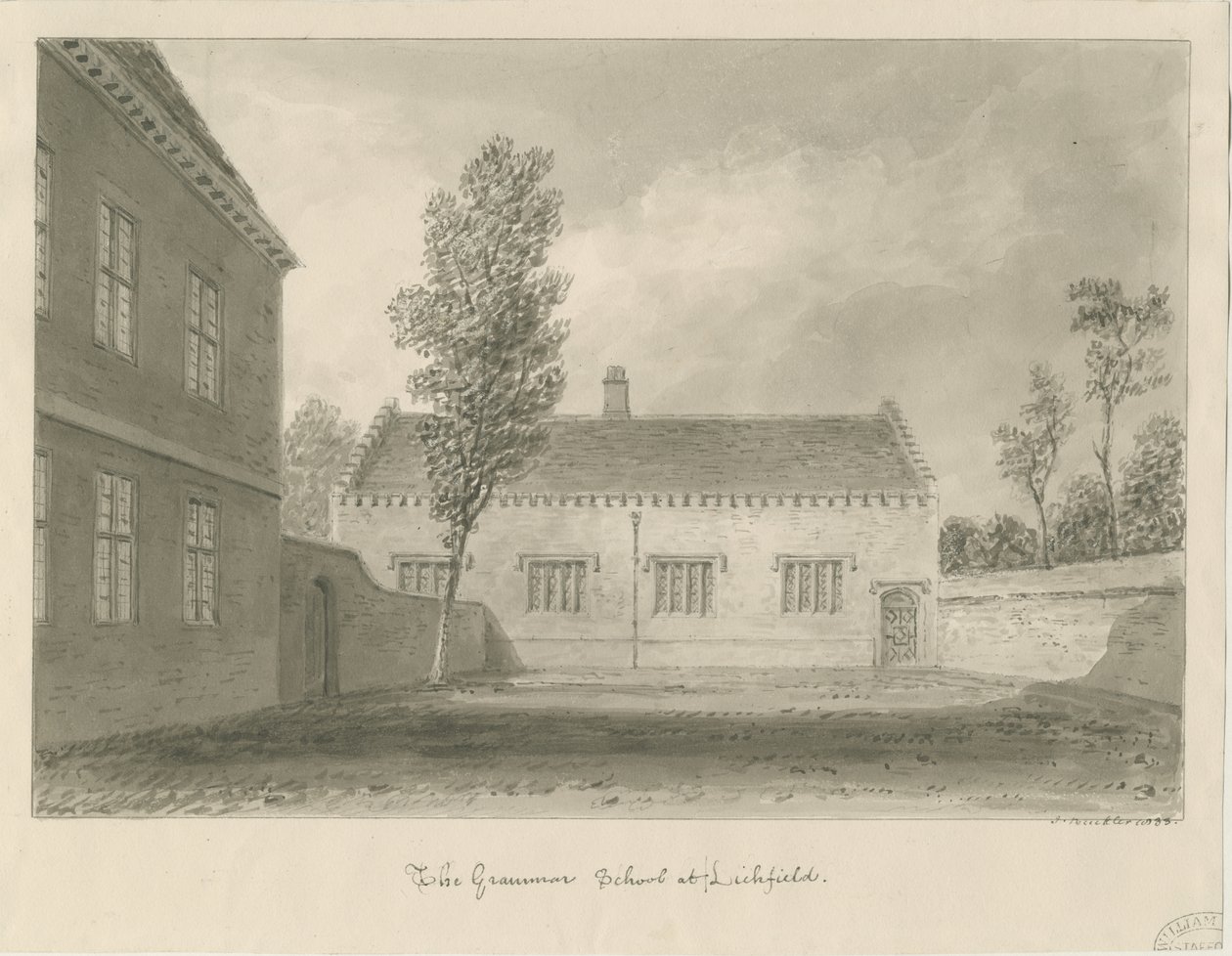 Lichfield - Grammar School: sepia tekening door John Buckler