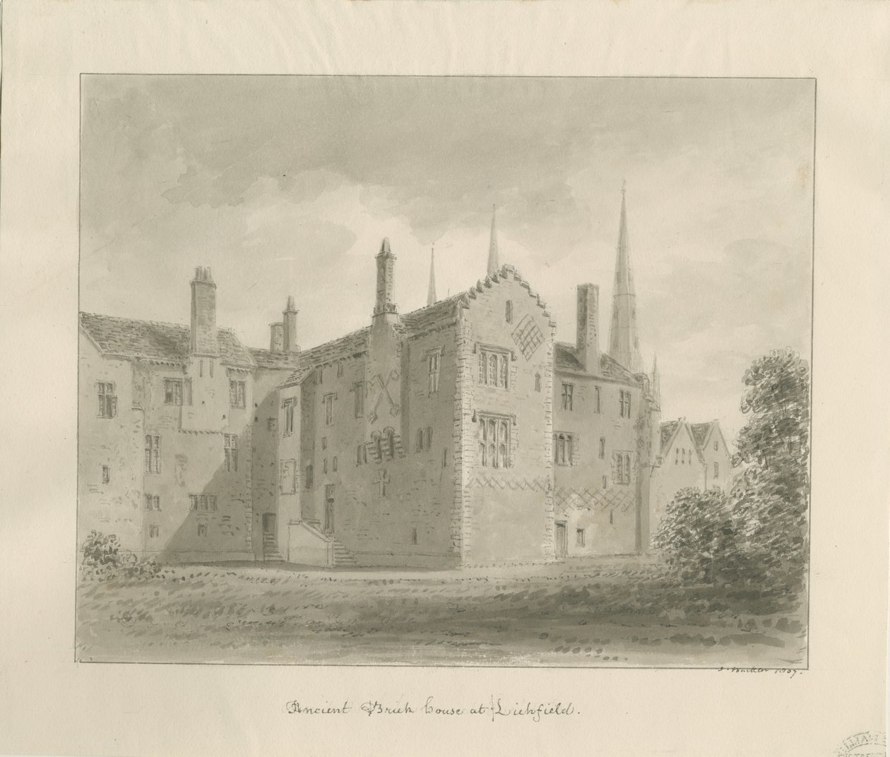 Lichfield - Oud Huis in The Close: sepia tekening door John Buckler