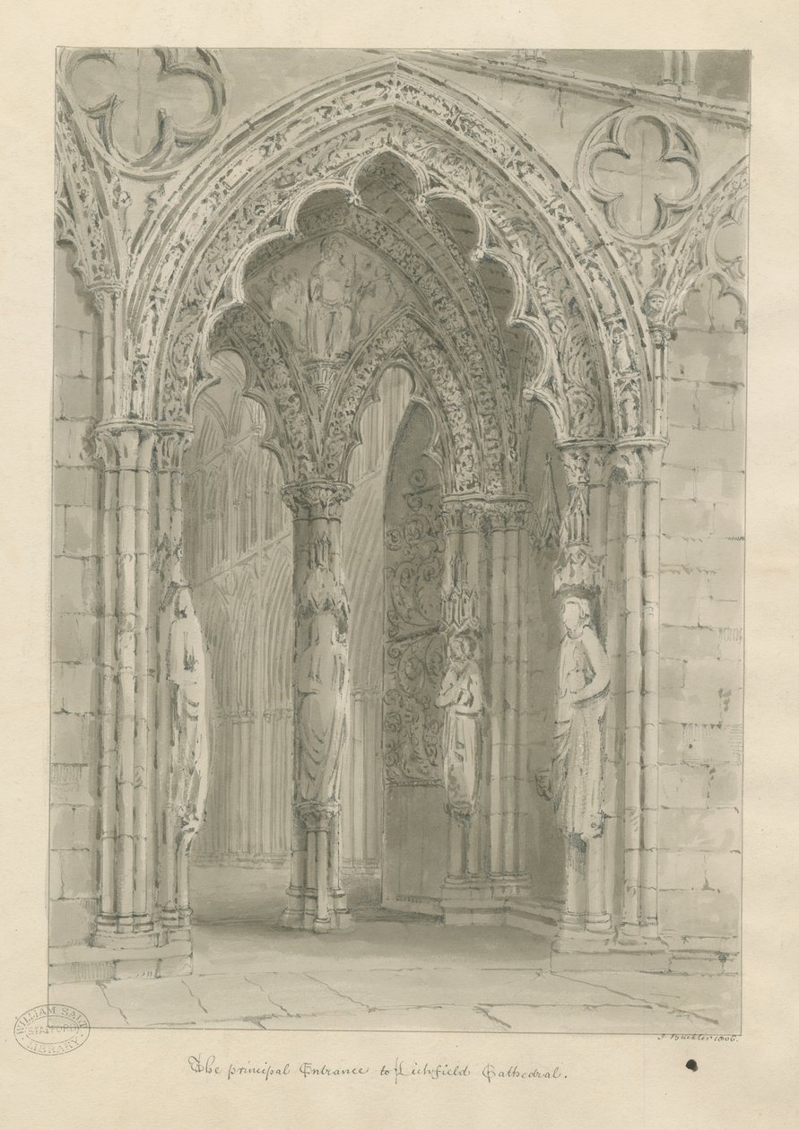 Lichfield Kathedraal - Westelijke Deur: sepia tekening door John Buckler