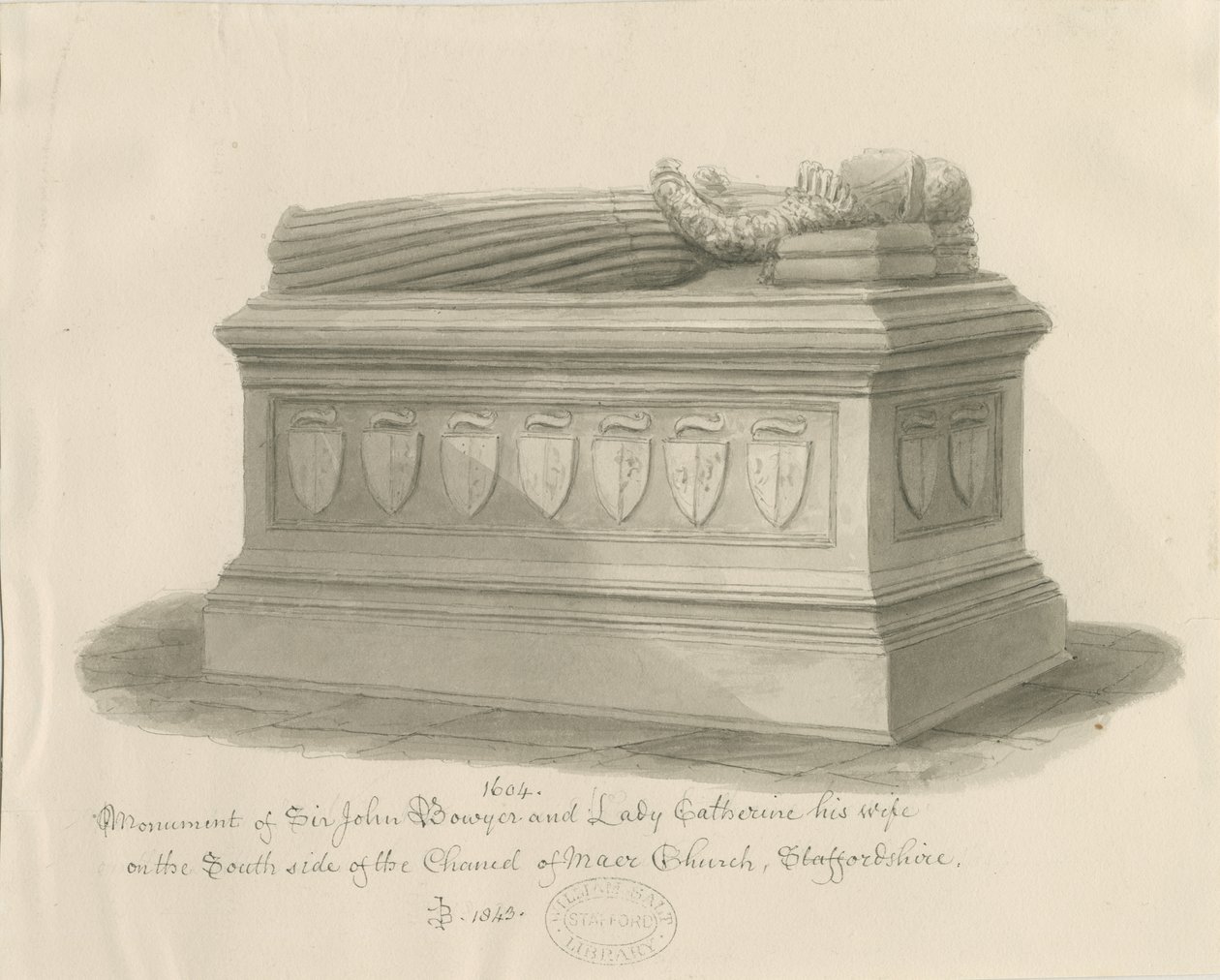Maer Church - Monument voor Sir John Bowyer en Lady Catherine: sepia wash tekening, 1843 door John Buckler