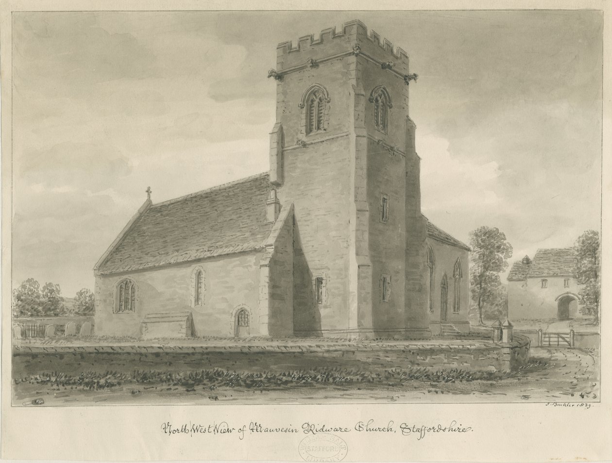 Mavesyn Ridware Kerk: sepia tekening, 1839 door John Buckler