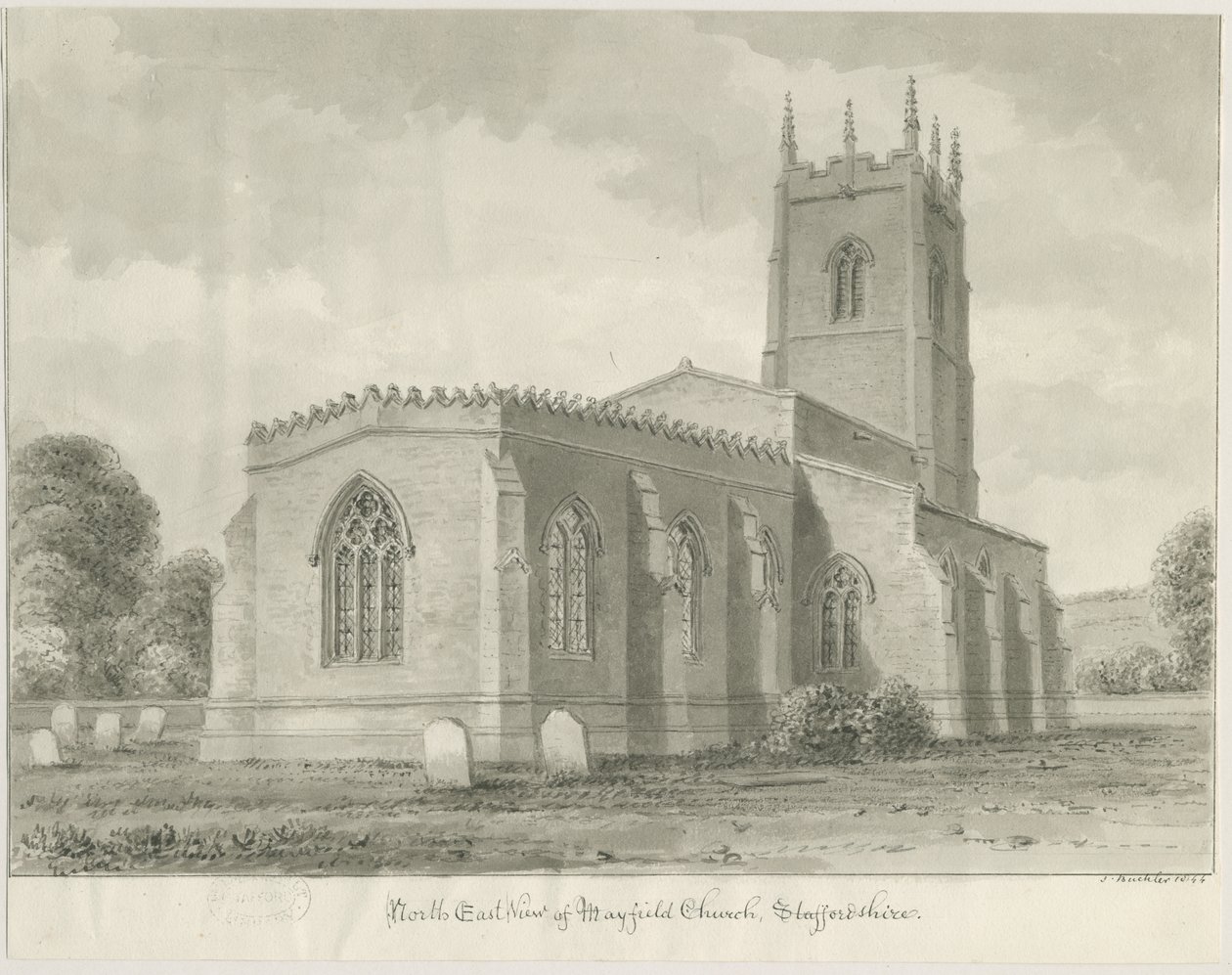 Mayfield Church: sepia tekening, 1844 door John Buckler