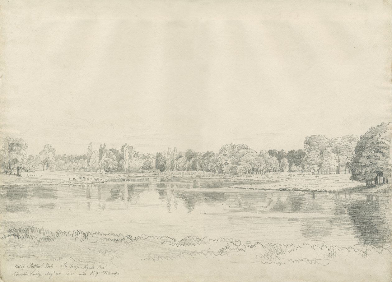 Patshull Huis - Park en Vijver: potloodtekening, 25 aug 1820 door John Buckler