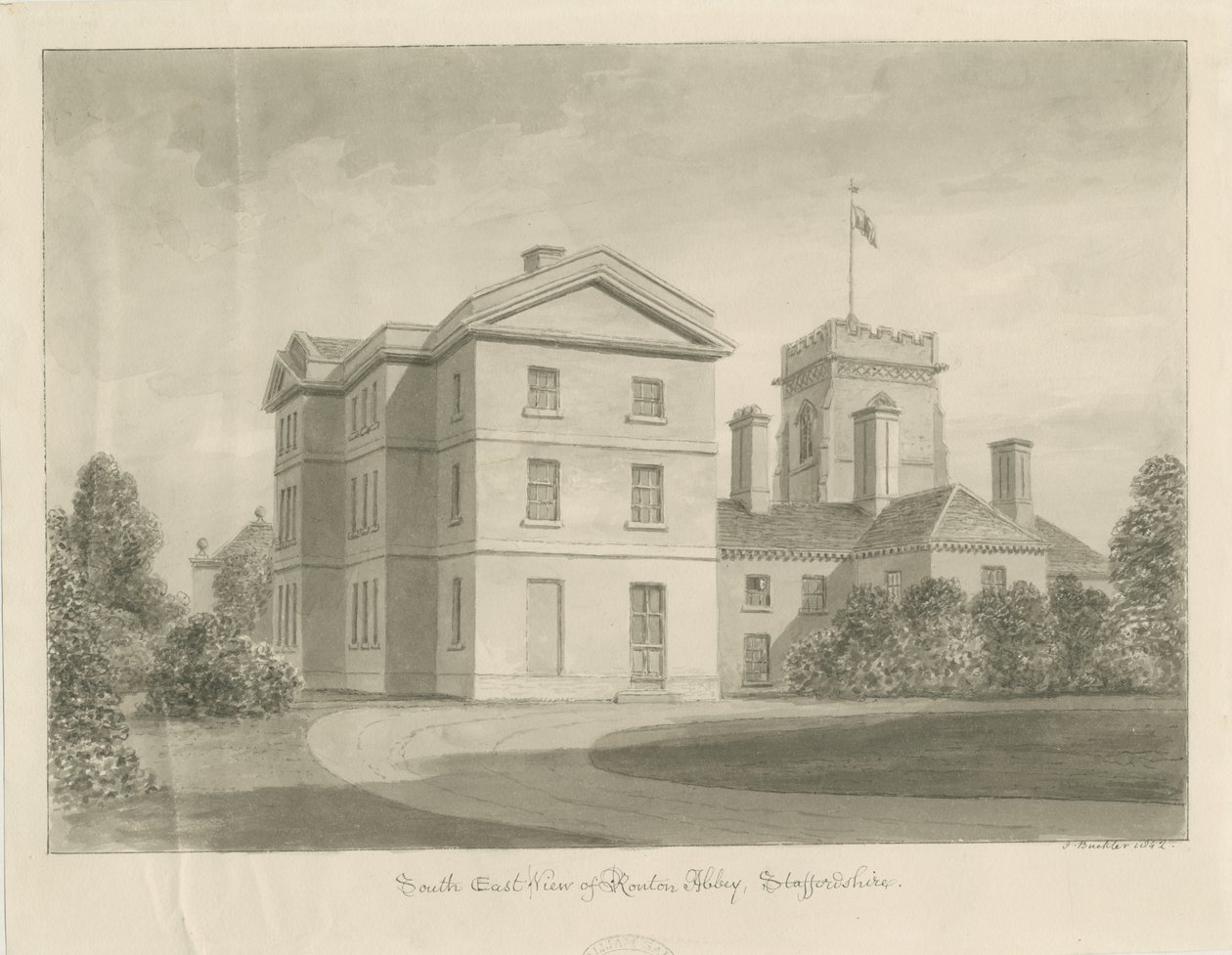 Ranton Abbey [Priory]: sepia tekening, 1842 door John Buckler