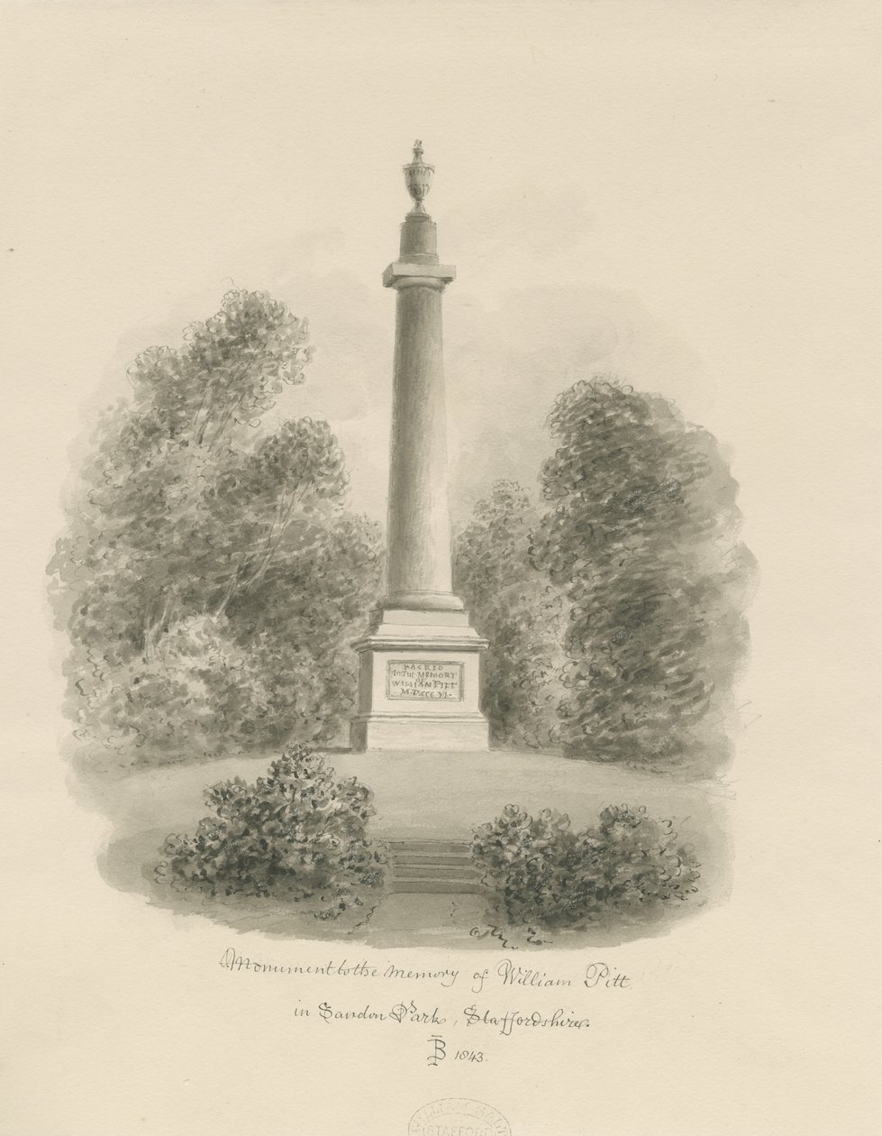 Sandon - Monument voor William Pitt: sepia was tekening door John Buckler