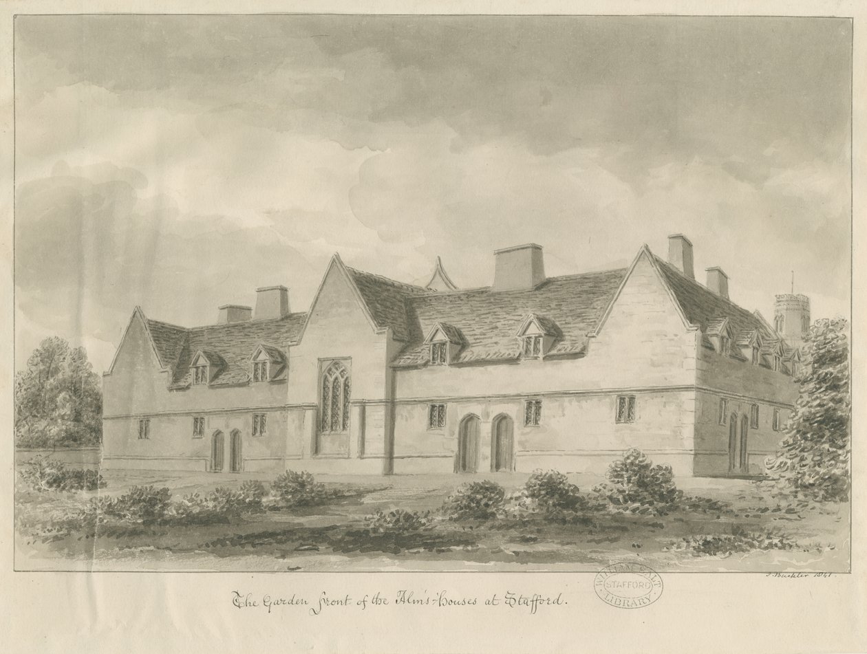 Stafford - Alms Houses: sepia tekening, 1841 door John Buckler