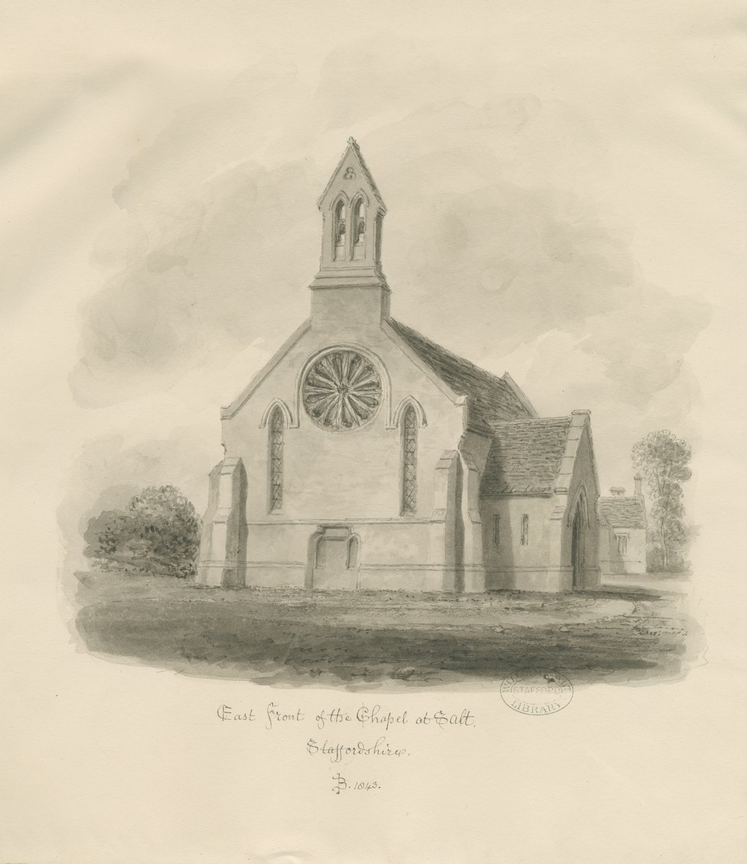 Stafford - Salt Chapel [St. James]: sepia tekening door John Buckler