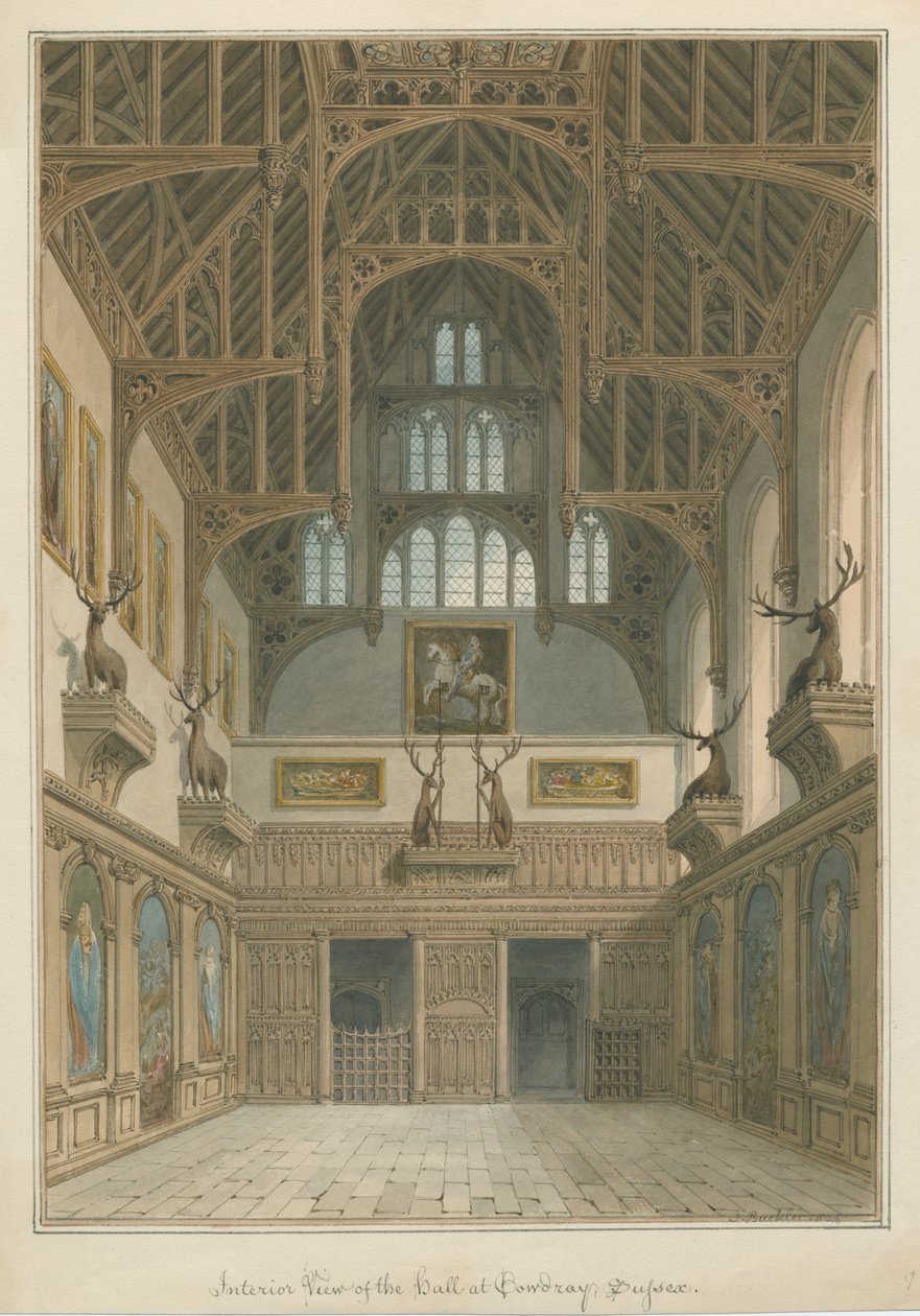 Sussex - Cowdray Huis - Interieur van de Hal door John Buckler