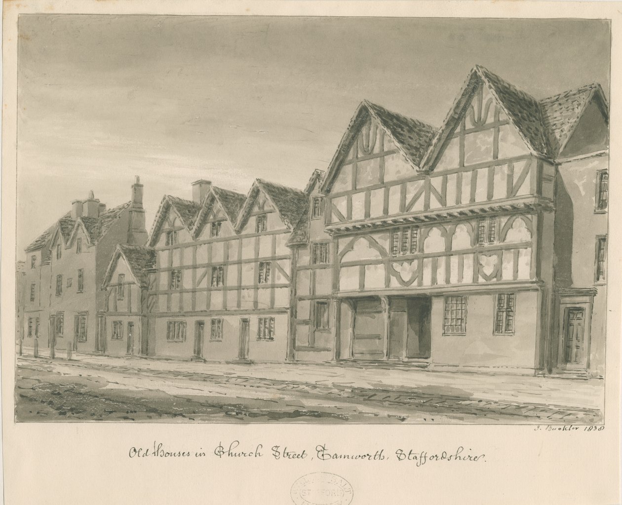 Tamworth - Oude Huizen in Church Street: sepia was tekening, 1838 door John Buckler