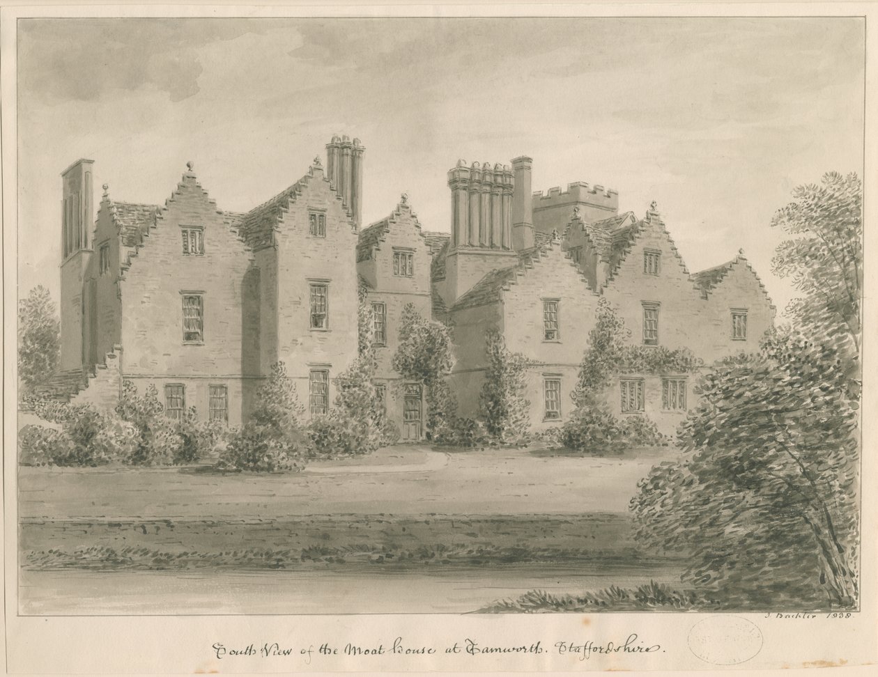Tamworth - Het Grachtenhuis: sepia tekening door John Buckler