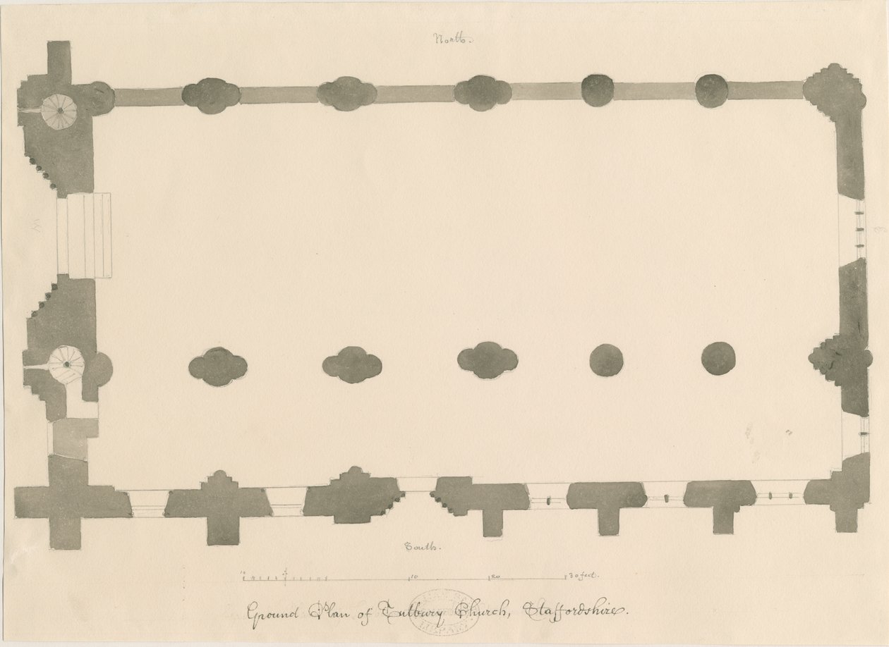 Tutbury Priory Kerk - Plan: potlood en sepia tekening, nd [?1812] door John Buckler