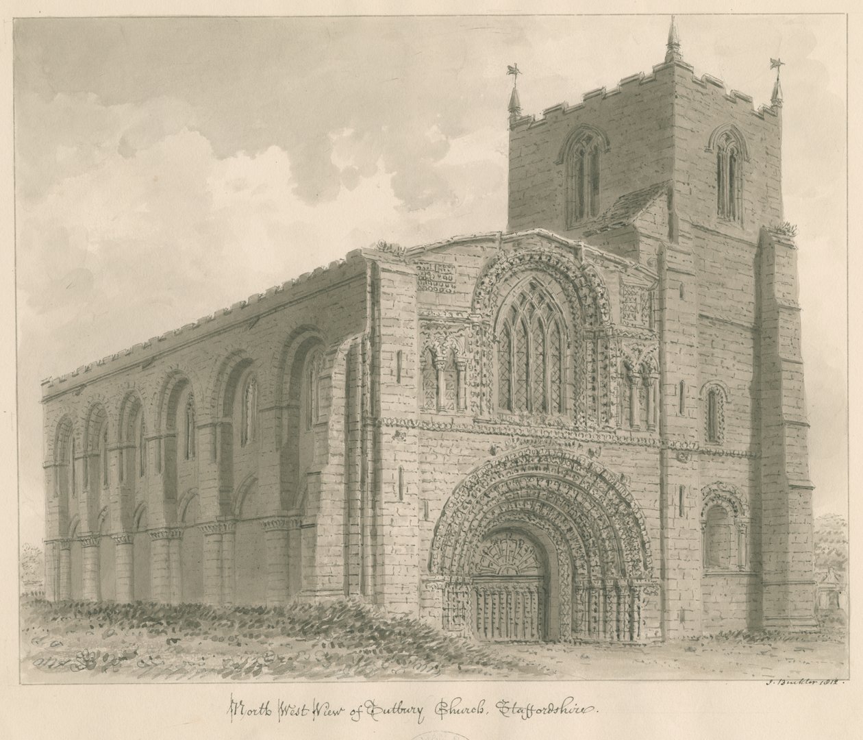Tutbury Priory Kerk: sepia tekening door John Buckler