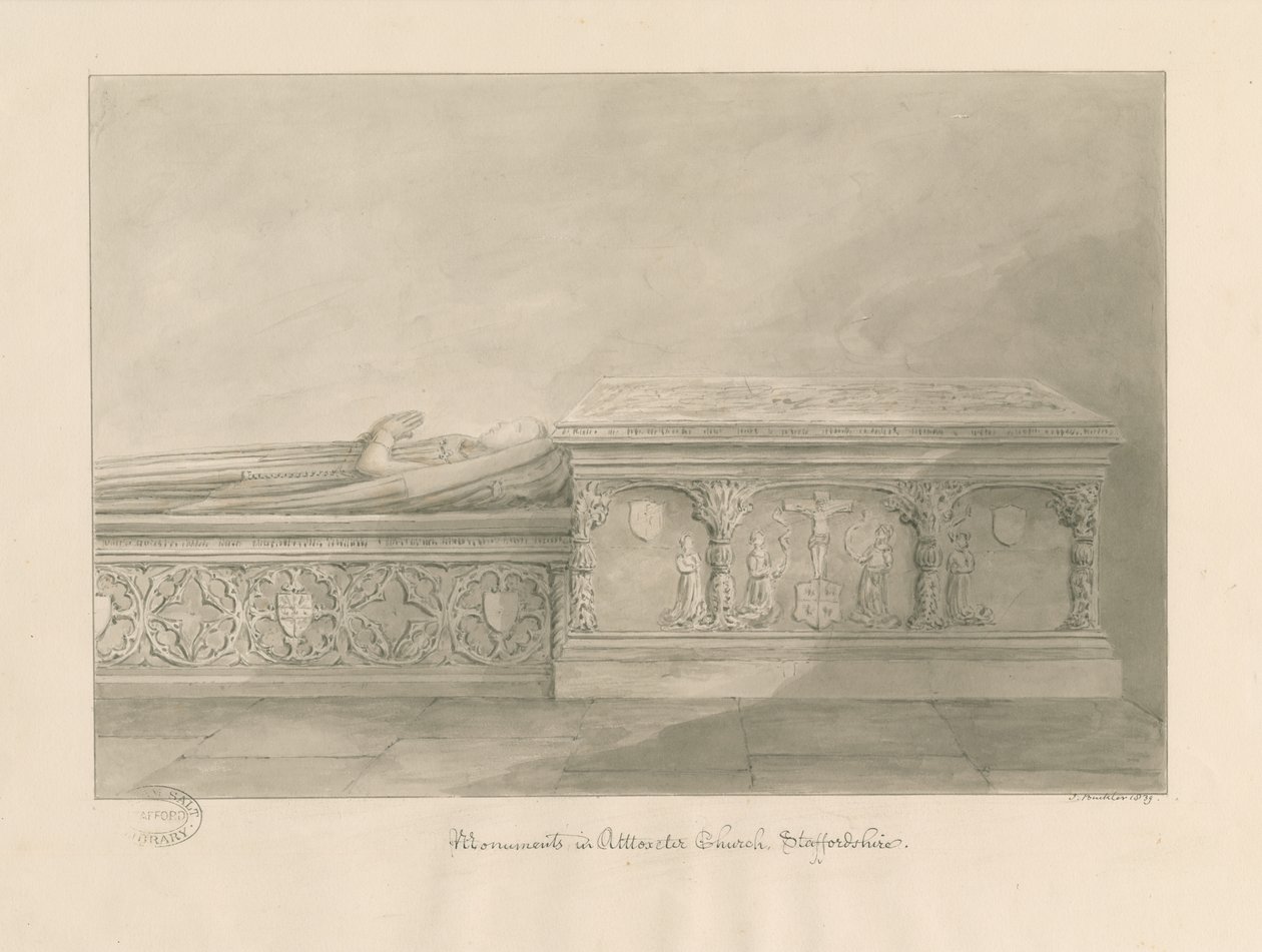 Graf van Thomas Kinnersley en een vrouw in de kerk van Uttoxeter door John Buckler