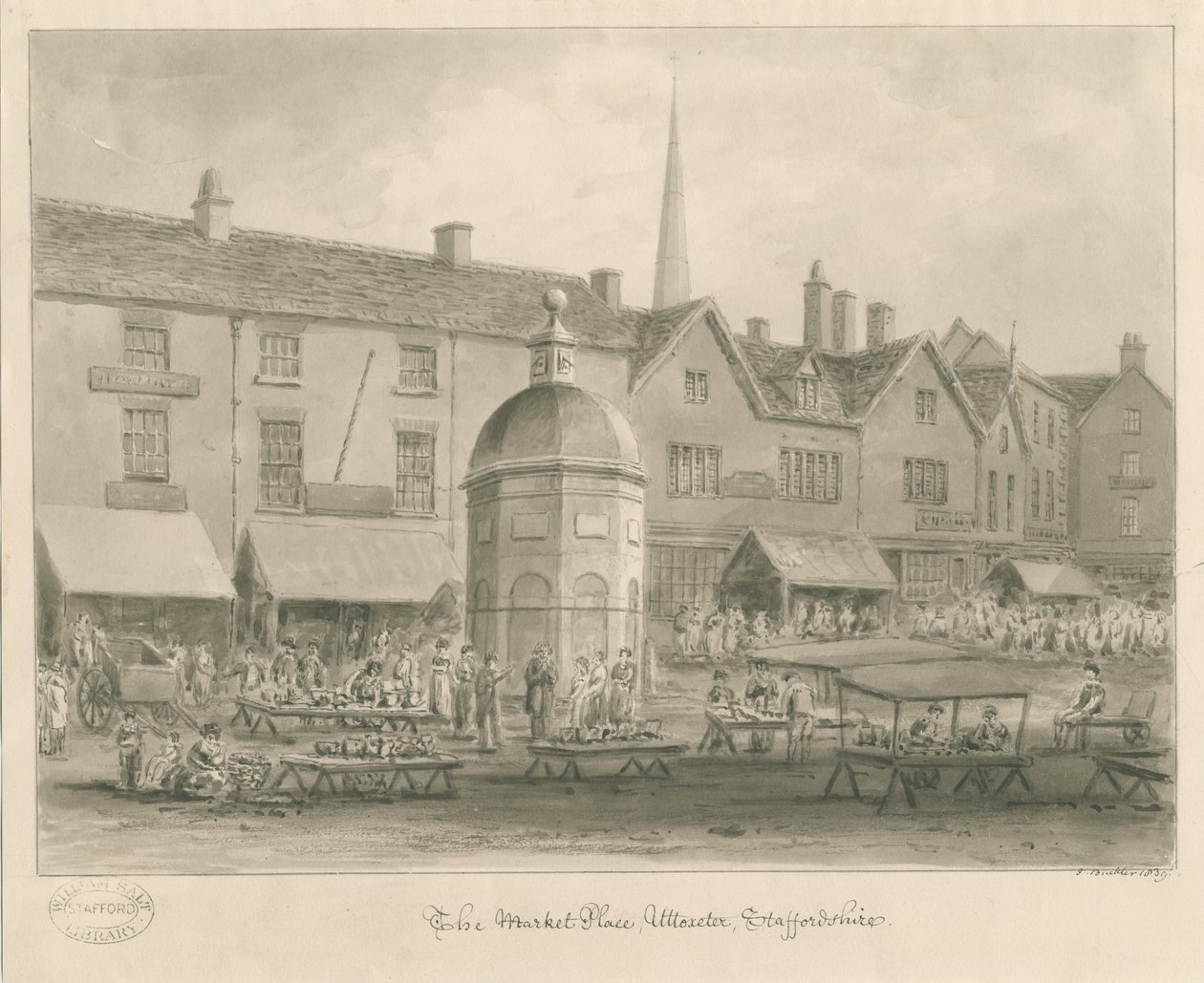 Uttoxeter Stad - Marktplein: sepia wassing tekening door John Buckler