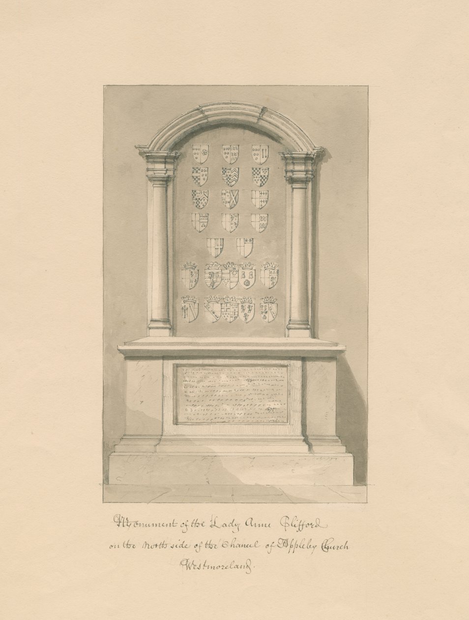 Westmorland - Appleby Kerk - Monument voor Lady Anne Clifford: sepia tekening, 1800 door John Buckler