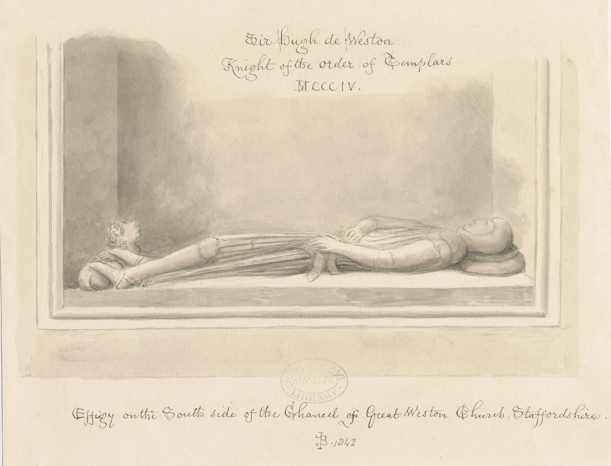 Weston-under-Lizard Church - Beeld van Sir Hugh de Weston: sepia tekening, 1842 door John Buckler
