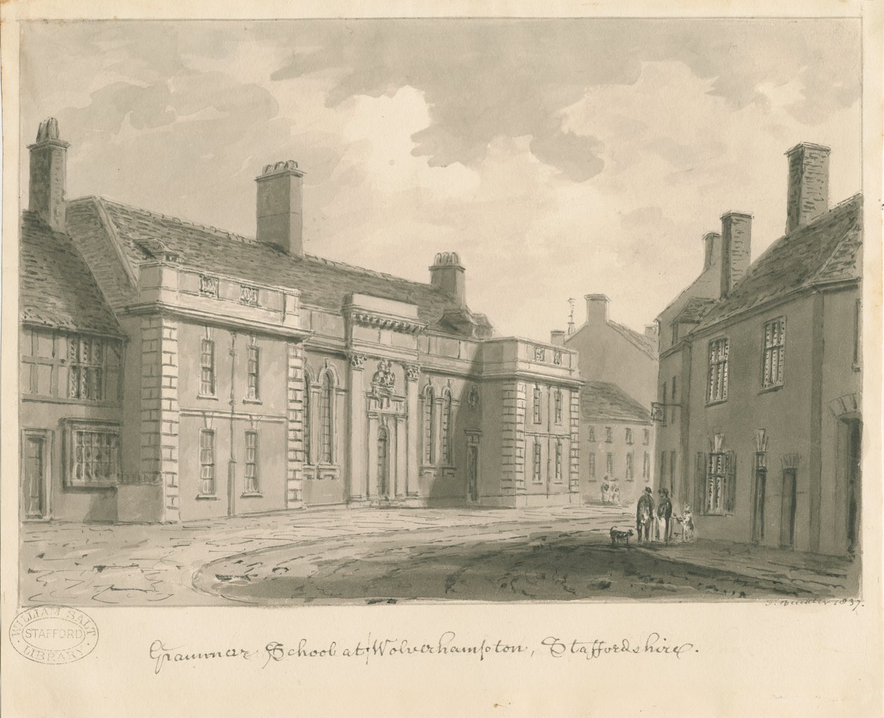 Wolverhampton - Grammar School: sepia tekening, 1837 door John Buckler