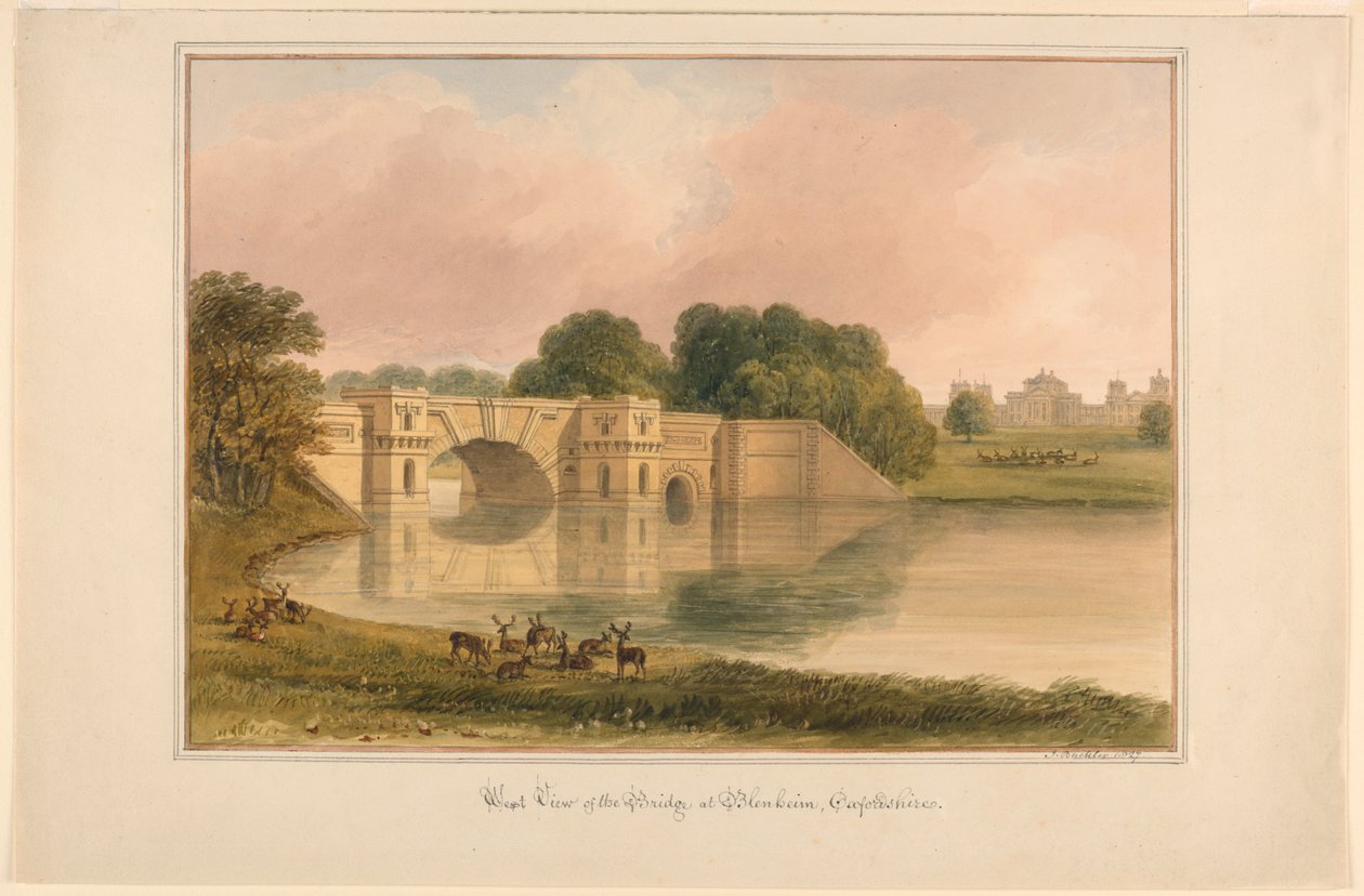 Westelijke aanblik van de brug bij Blenheim, Oxfordshire door John Buckler, F.S.A.