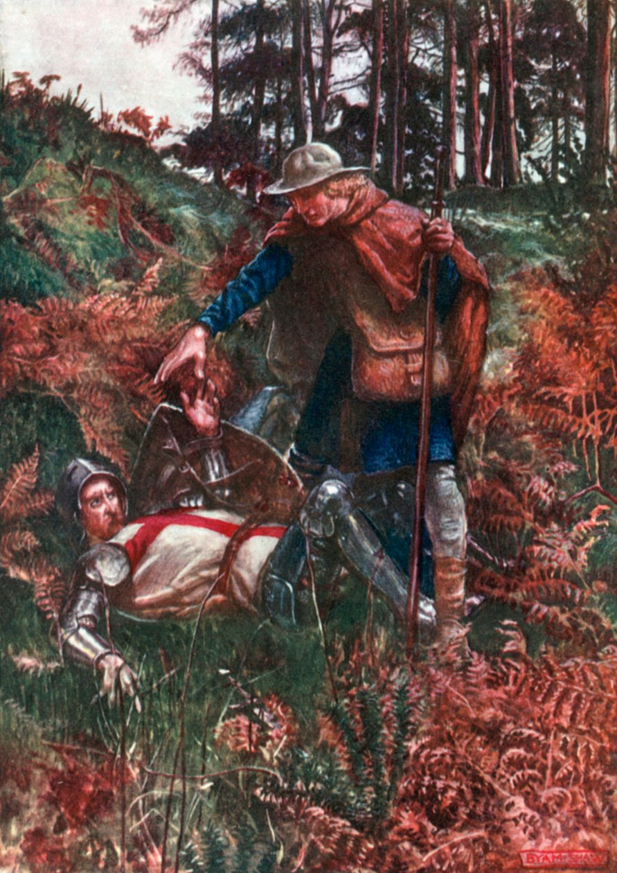 Trouw helpt Christian overeind na zijn val (kleurenlitho) door John Byam Liston Shaw
