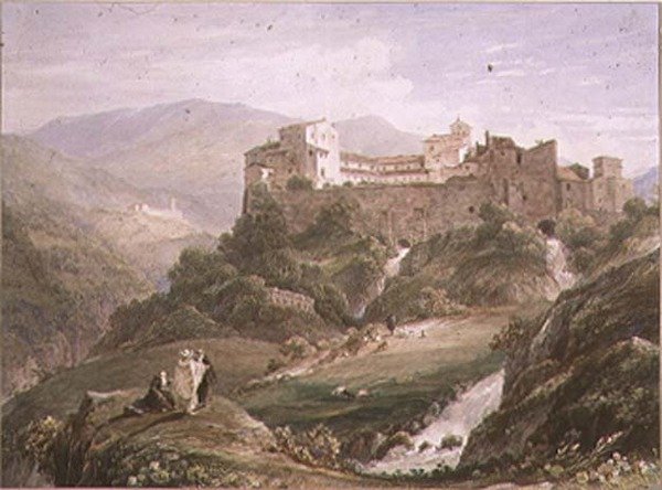 Italiaans landschap met klooster door John Byrne