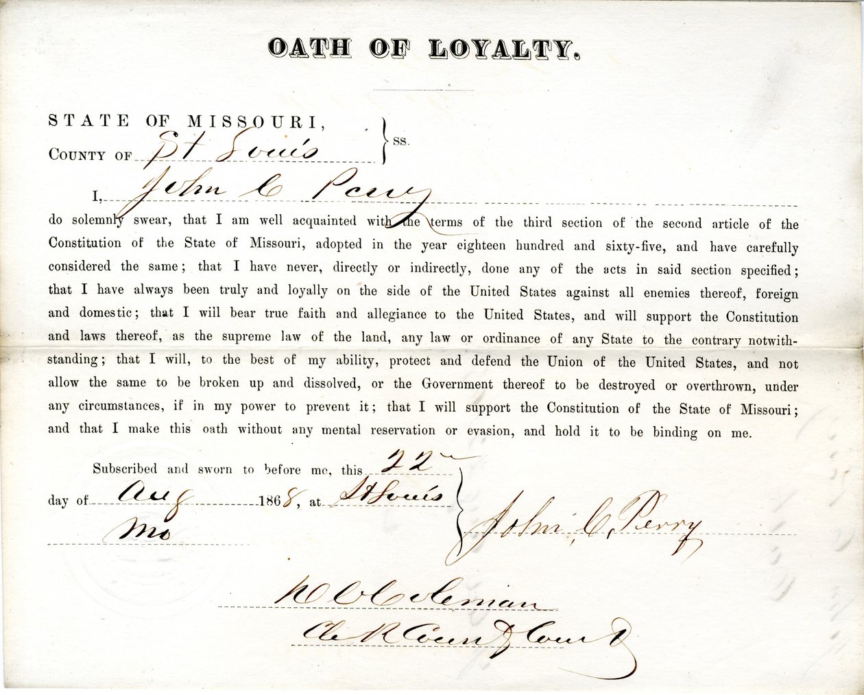 Loyaliteitseed van John C. Perry uit Missouri, County of St. Louis door John C. Perry