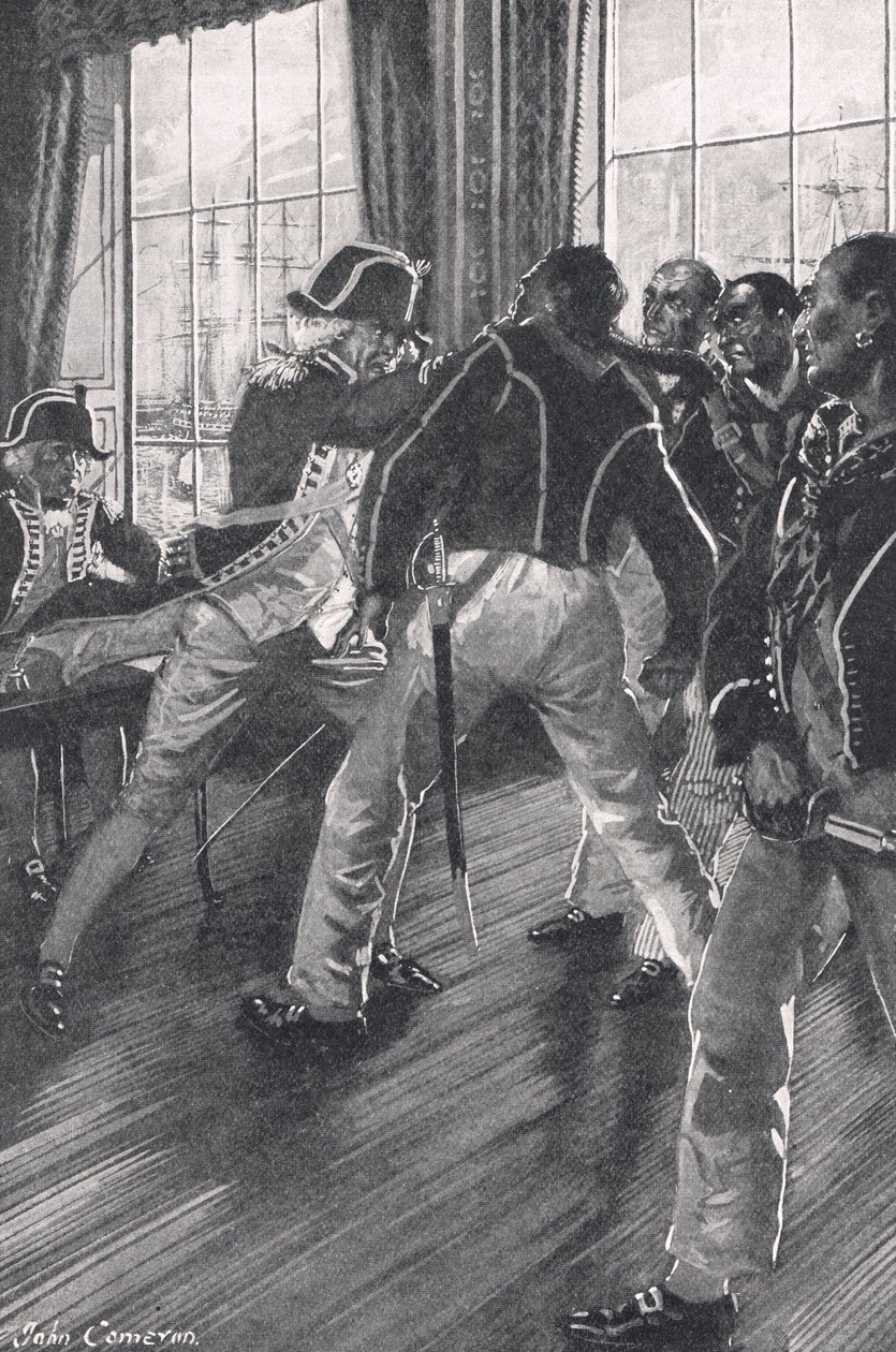 Een scène aan boord van het vlaggenschip tijdens de muiterij van de Nore, illustratie uit 
