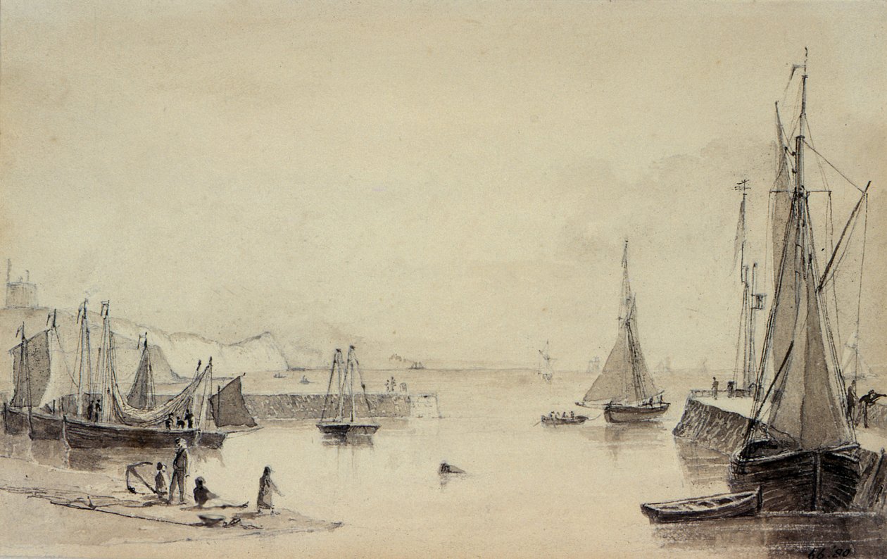 Haven van Folkestone met scheepvaart, Shakespeares Cliff in de verte door John Carpenter