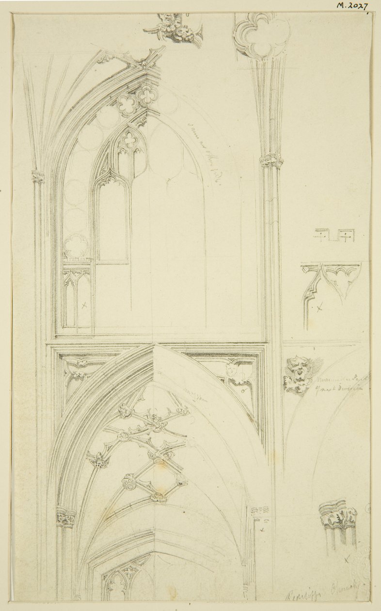 Details van het bovenraamtracering en gewelven van de zijbeuk hieronder, in St Mary Redcliffe door John Carter