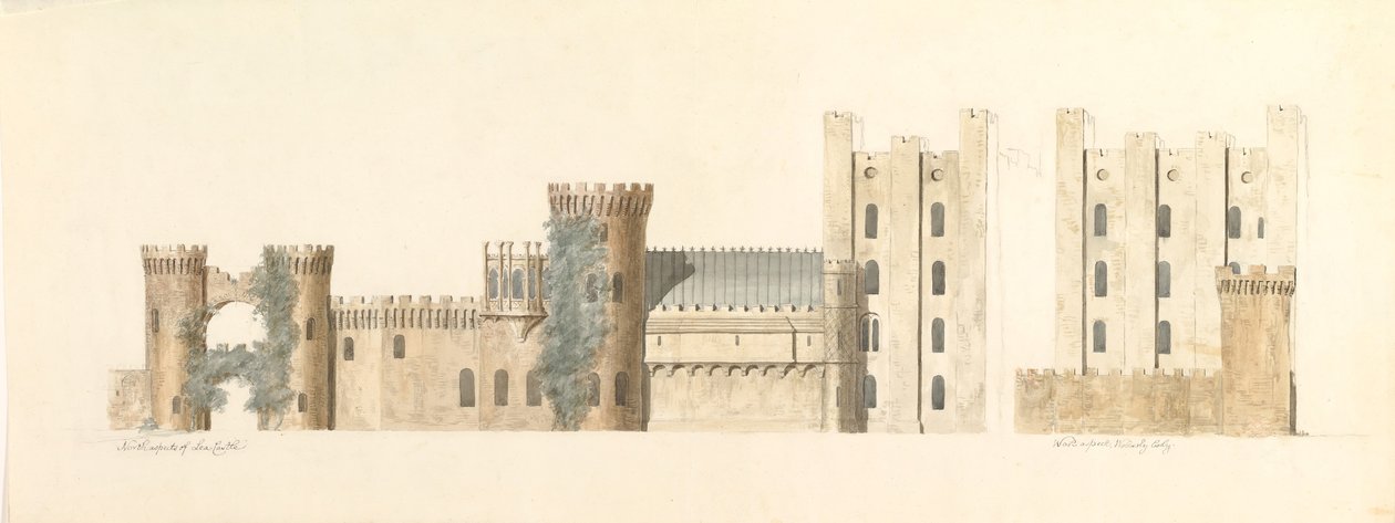Noordelijke aspecten van Lea Castle en westelijke aspecten van Wolverly, Cookly, Worcestershire, ca. 1816 door John Carter.