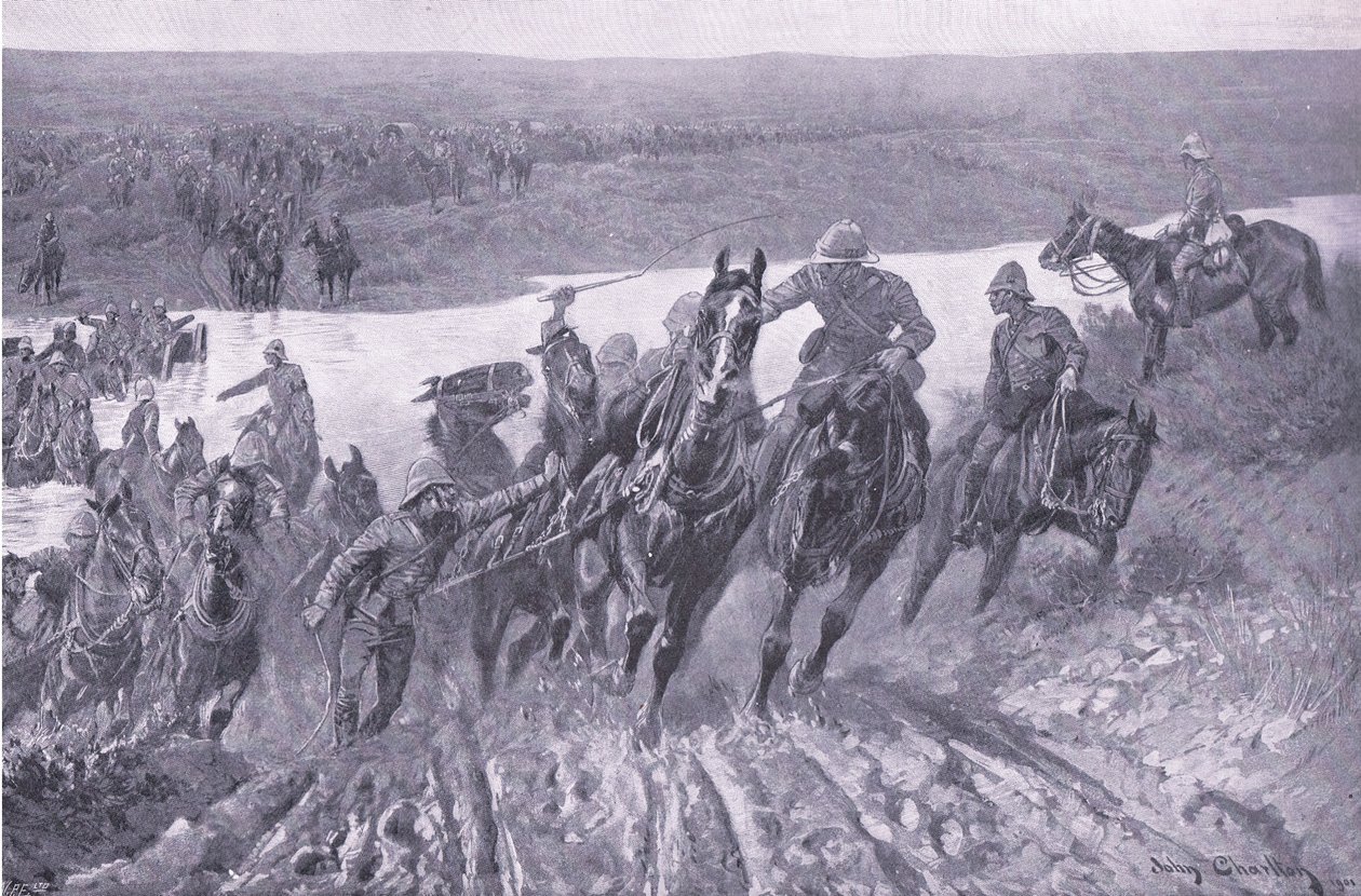 Artillerie die de Caledon oversteekt bij Karreepoort Drift, illustratie uit Na Pretoria: De Guerrillaoorlog, 1902 door John Charlton