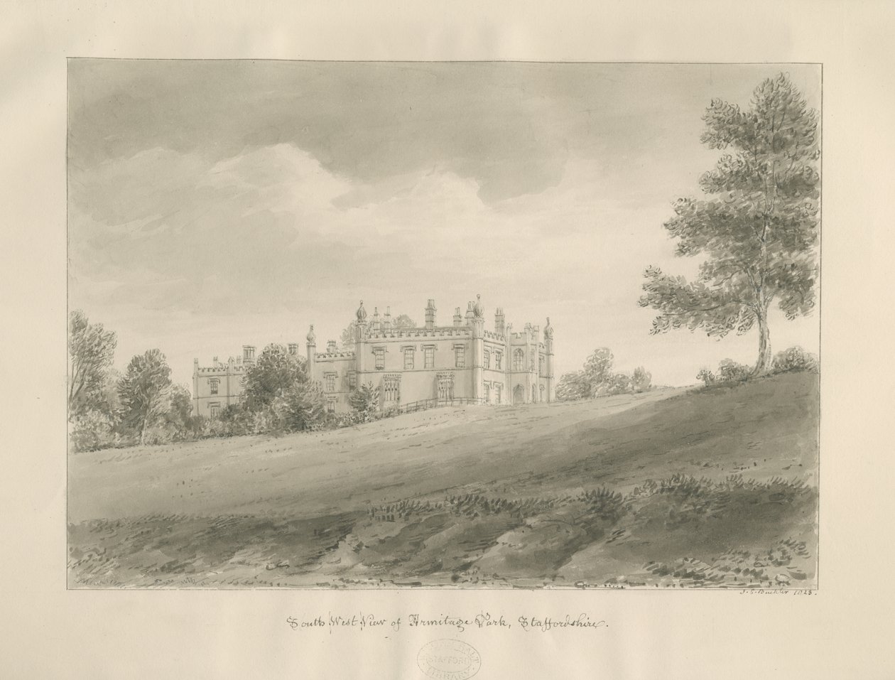 Armitage Park: sepia tekening door John Chessell Buckler