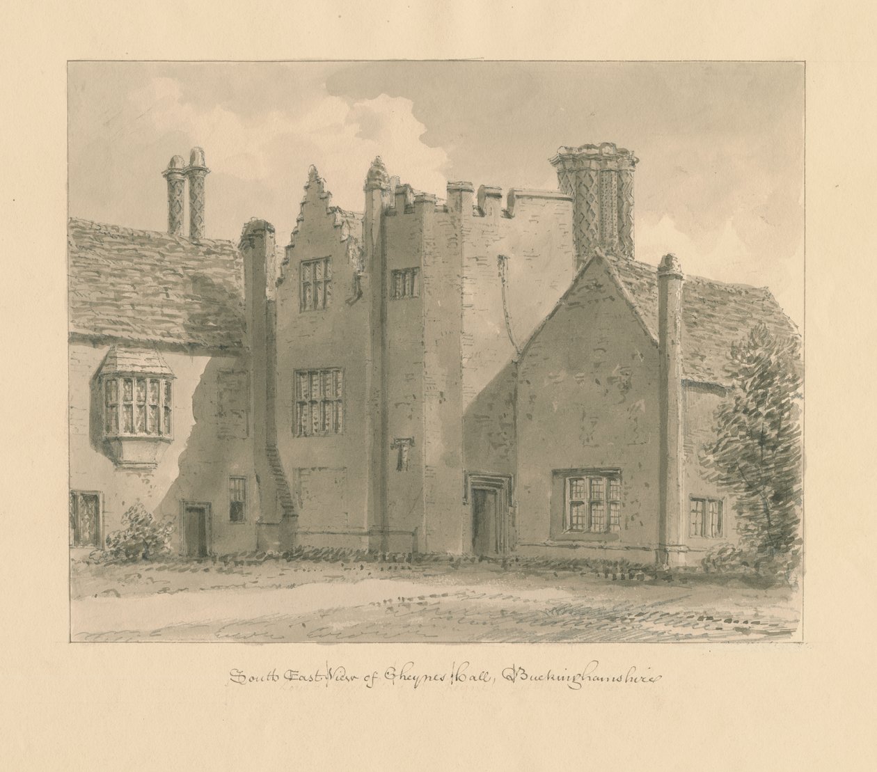 Buckinghamshire - Chenies Hall: sepia tekening, 1824 door John Chessell Buckler